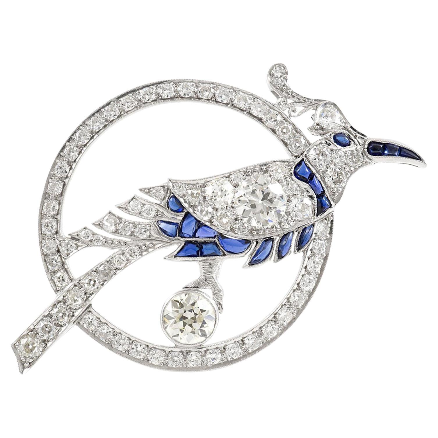 Antike Art Deco 1930er Jahre 4,00 Karat Diamant Vogel Brosche Anhänger mit Saphiren