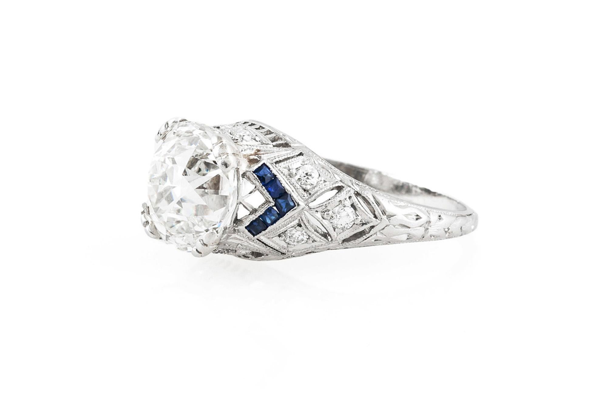 Finely crafted in platinum with a GIA certified Old Mine cut Diamond weighing 4.01 carats, L color, VS2 clarity, GIA #2165544214
The ring features additional Diamonds and Square cut Sapphires on the setting.
Circa 1930s
Size 6 1/4, resizable