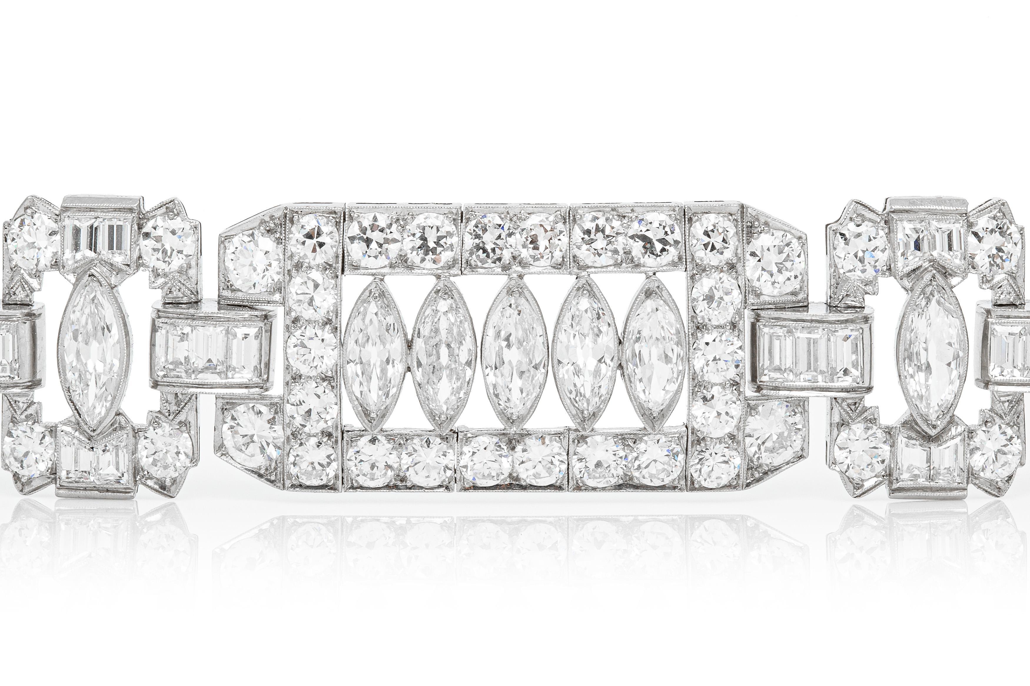 Taille Marquise Bracelet ajouré Art déco des années 1930 avec diamants taille marquise de 52,00 carats en vente