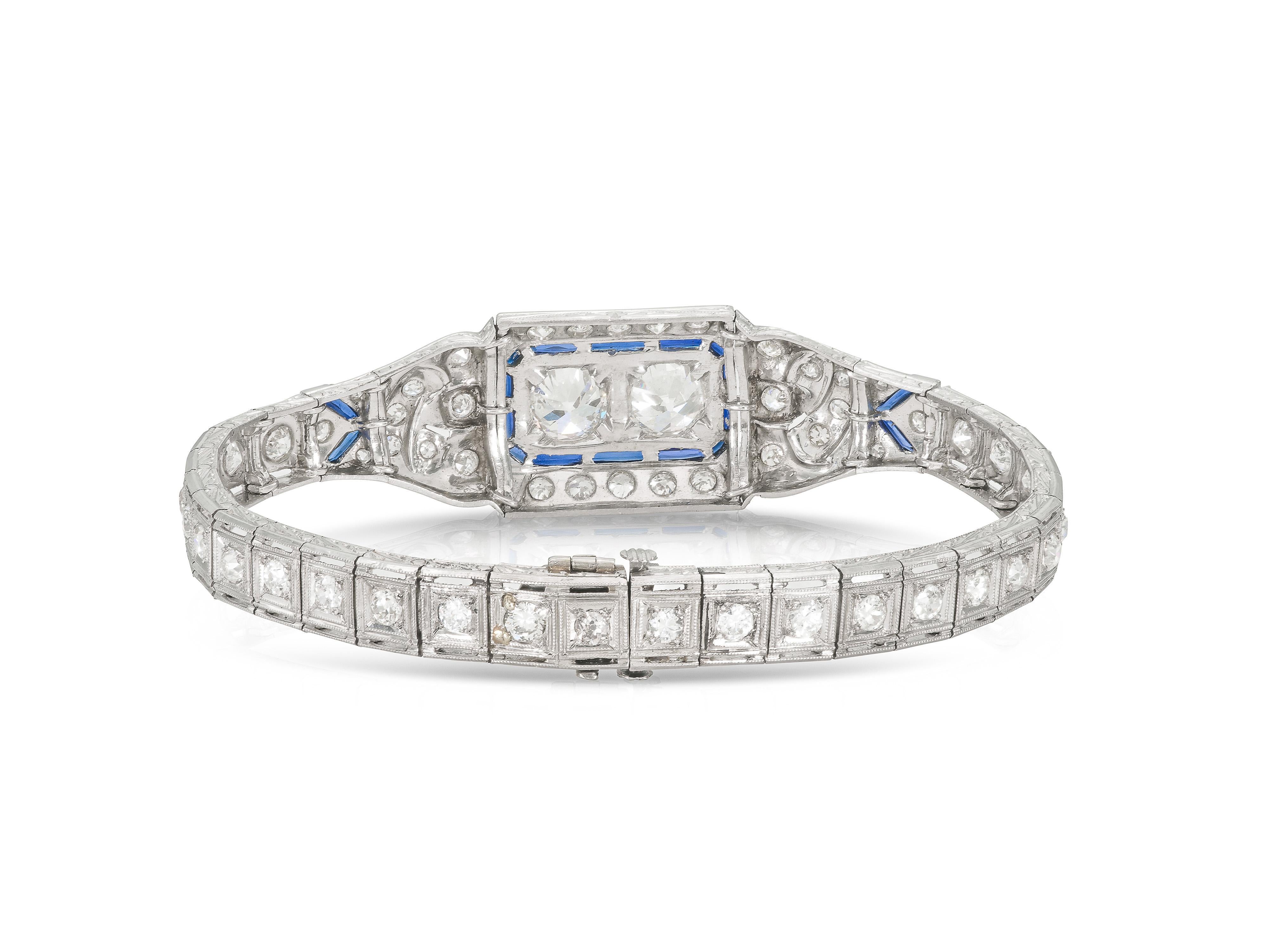 Taille vieille Europe Bracelet ancien Art déco des années 1930, avec saphirs et diamants de 6,00 carats en vente