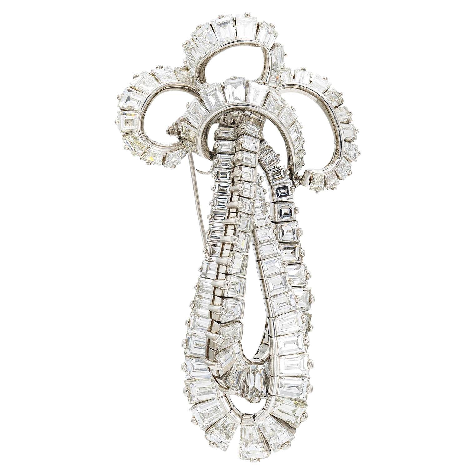 Antique Art Deco 1930s 70.00 Carat Baguette Cut Diamond Ribbon Brooch