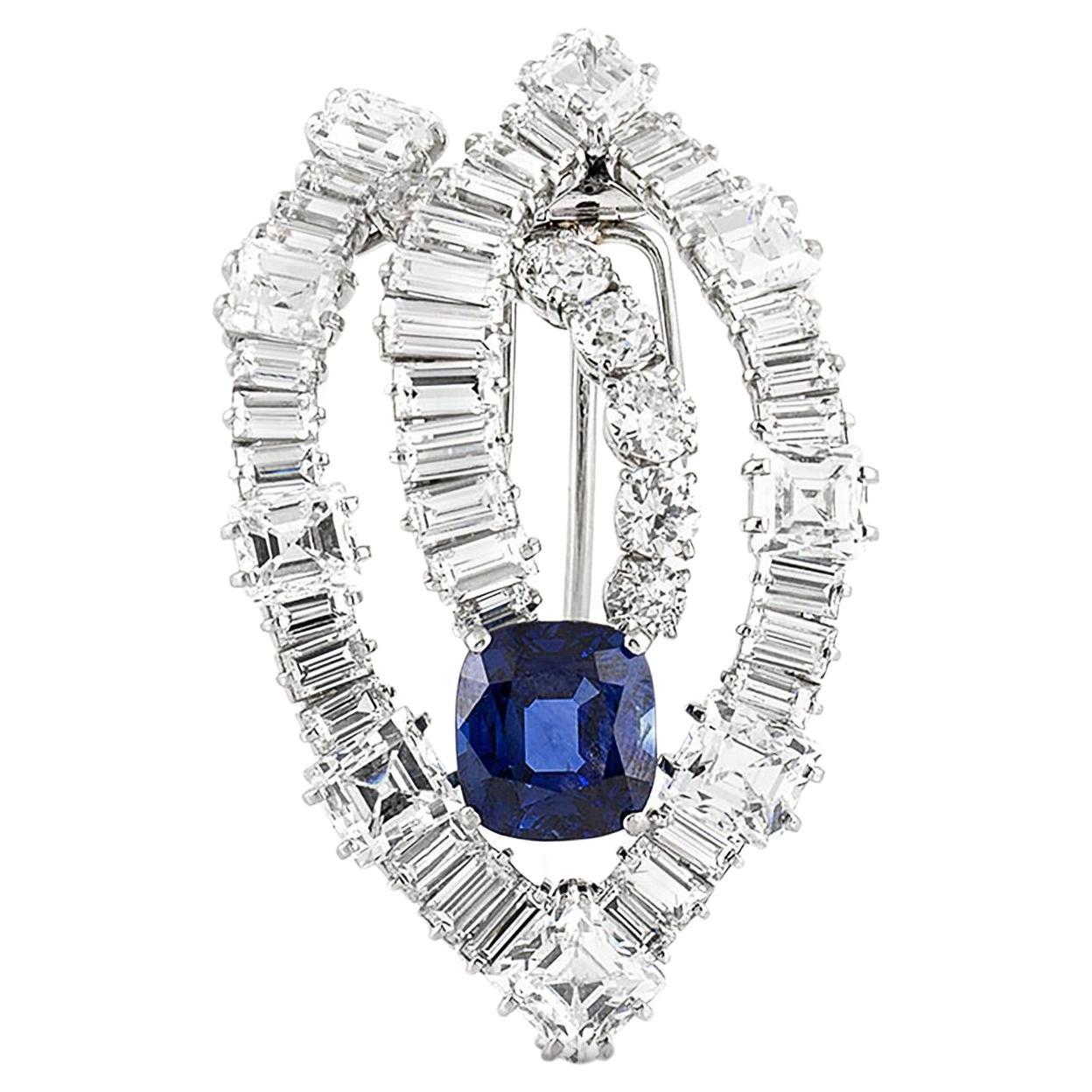 Antique Art Deco 1930s 7.64 Carat Burma Sapphire and 12.00 Carat Diamond Brooch For Sale