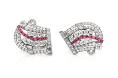 Antique Art Deco 1930s 8.00 Carat Diamond Double Clip Brooch with Rubies