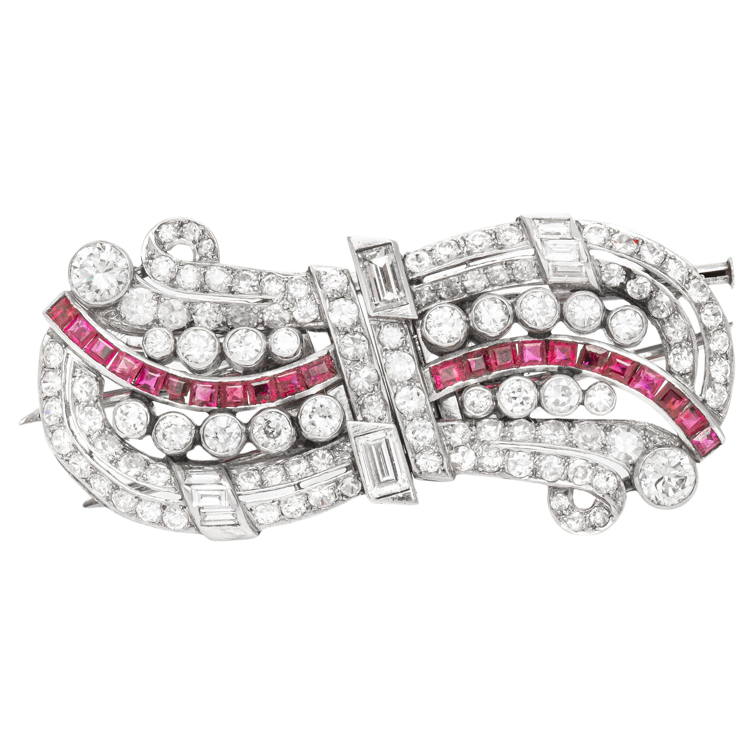 Antique Art Deco 1930s 8.00 Carat Diamond Double Clip Brooch with Rubies