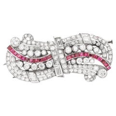 Antique Art Deco 1930s 8.00 Carat Diamond Double Clip Brooch with Rubies