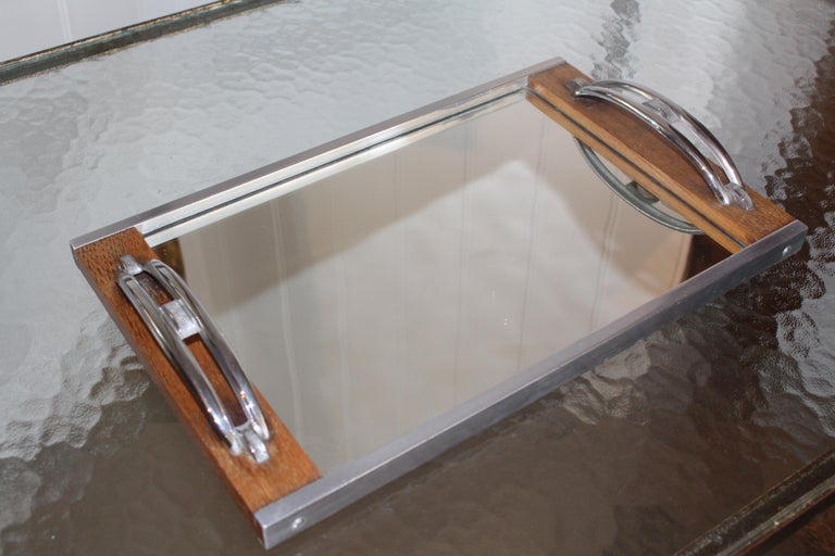 Plated Antique Art Deco 1930s French Chrome Mirrored Cocktail Drink Bar Serving Tray For Sale