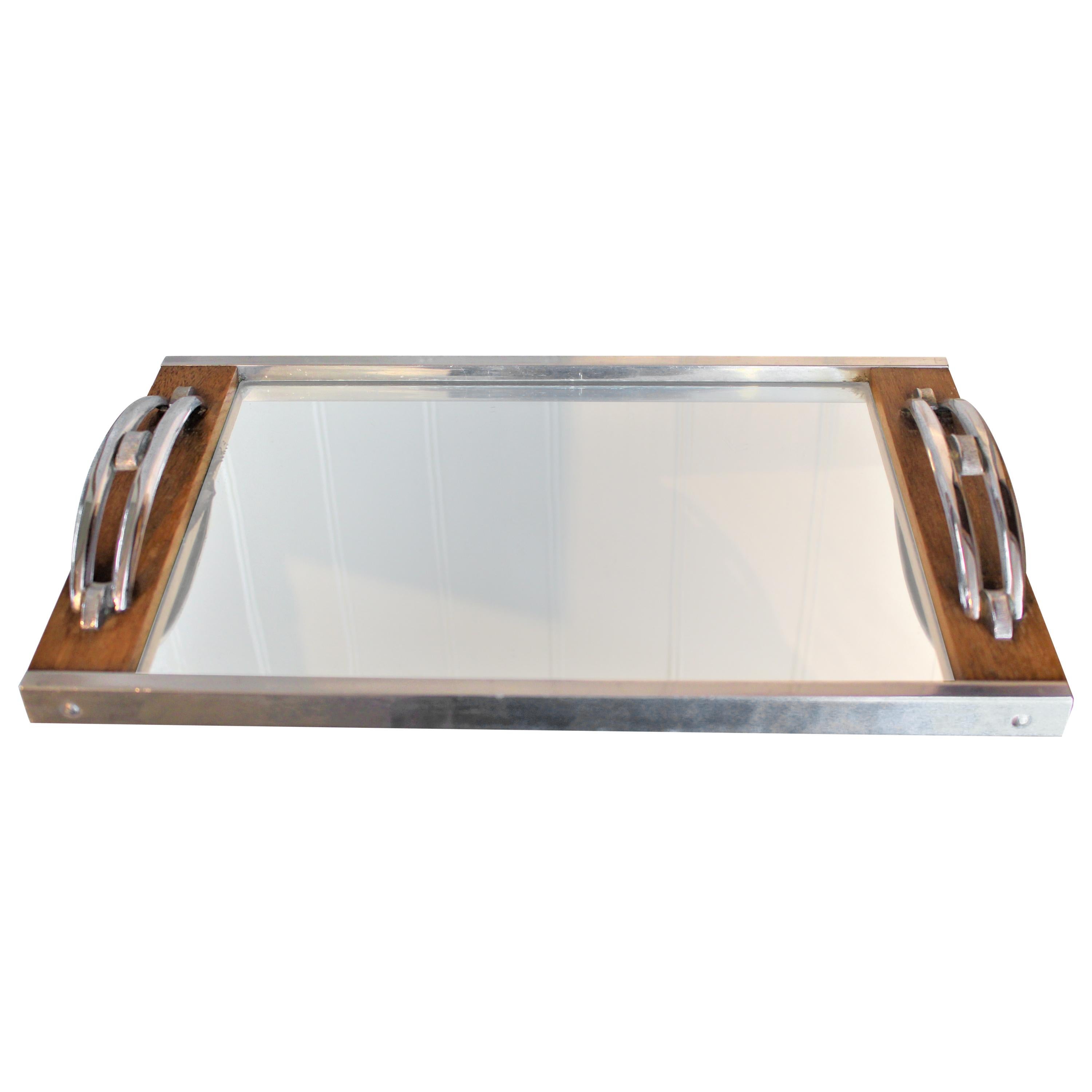 Antique Art Deco 1930s French Chrome Mirrored Cocktail Drink Bar Serving Tray For Sale