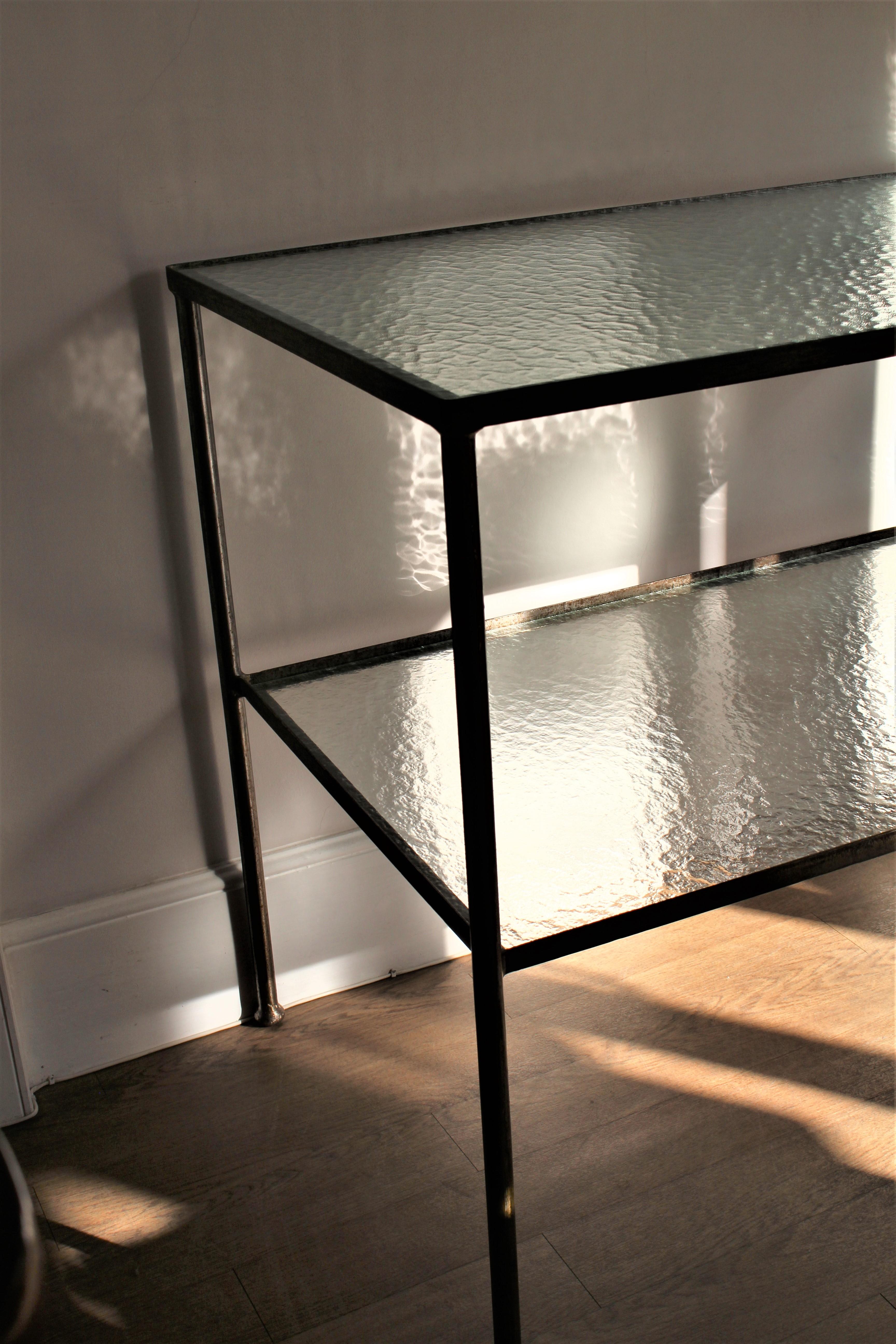 Mid-20th Century Antique Art Deco 1930s French Continental Metal Structure Glass Console Table For Sale