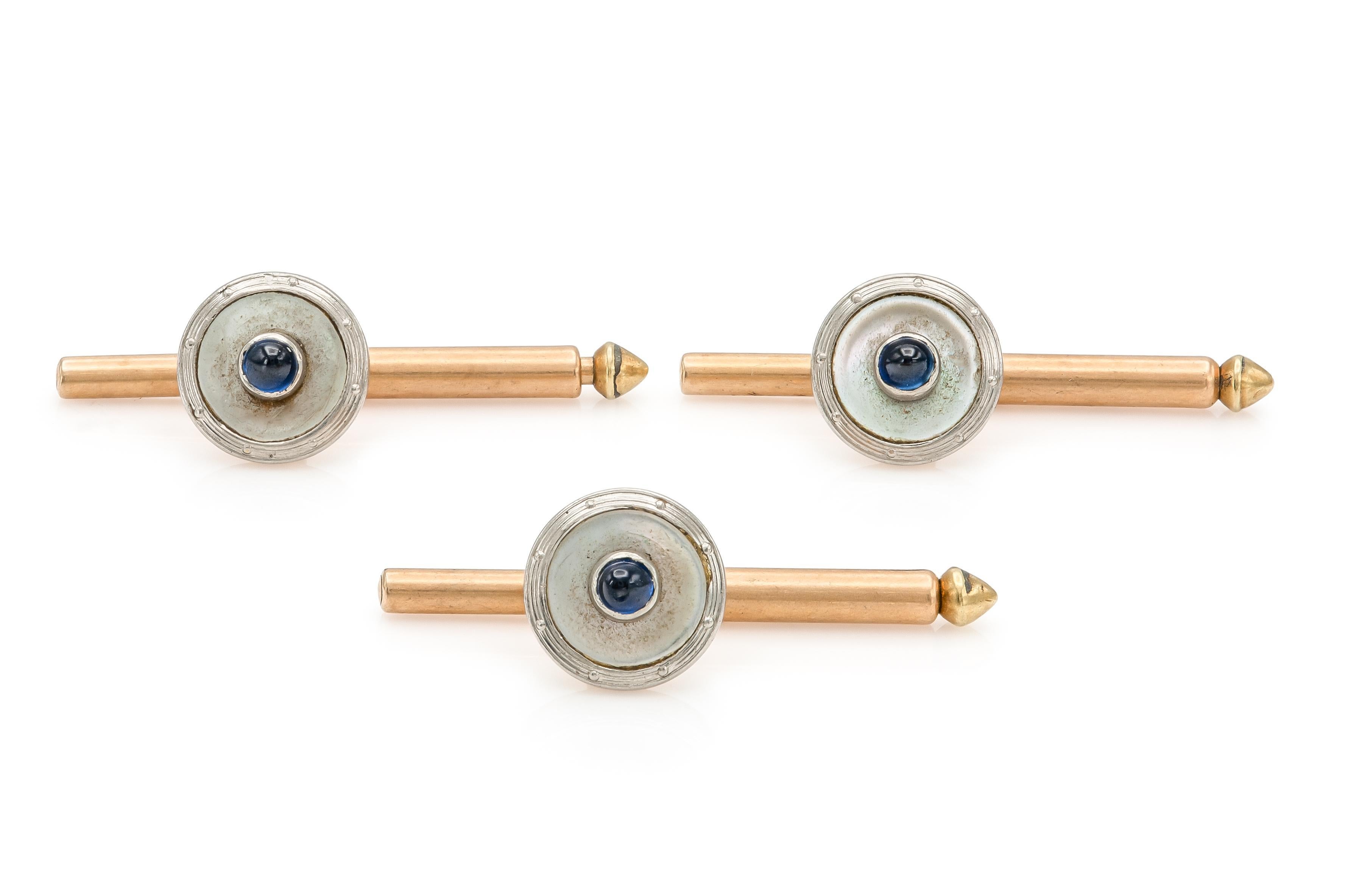 Cabochon Antique Art Deco 1930s Sapphire and Mother of Pearl Stud Set