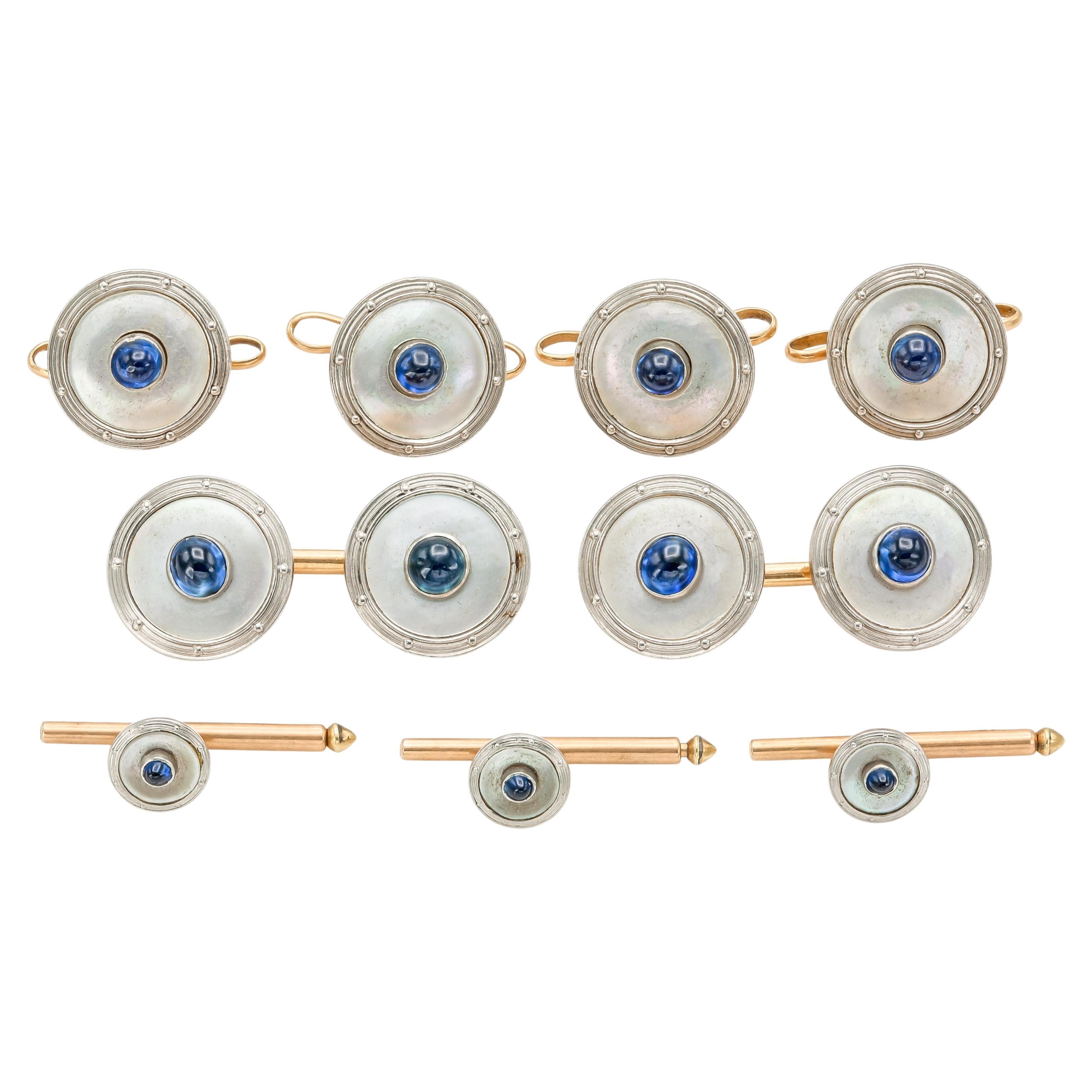 Antique Art Deco 1930s Sapphire and Mother of Pearl Stud Set