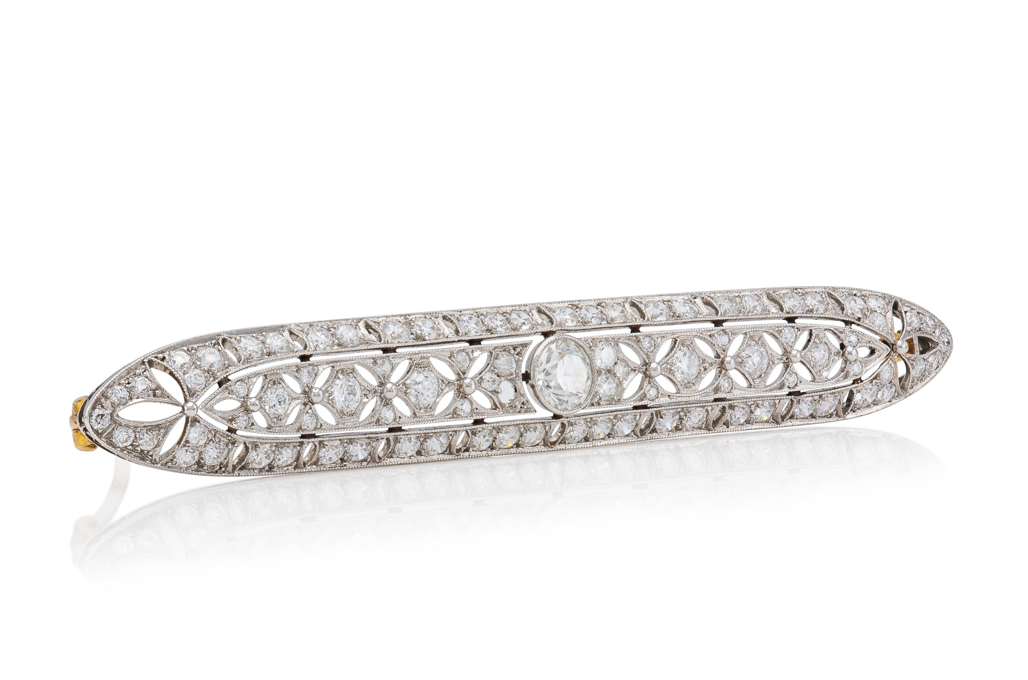 Finely crafted in platinum with Old European cut Diamonds weighing a total of approximately 5.00 Carats.
Signed by Tiffany & Co.
Circa 1930s
1/2 x 3 3/8 inches