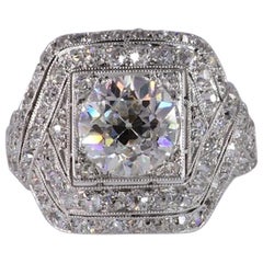 Antique Art Deco 2 Carat Center Old European Cut Natural Diamond Platinum Ring