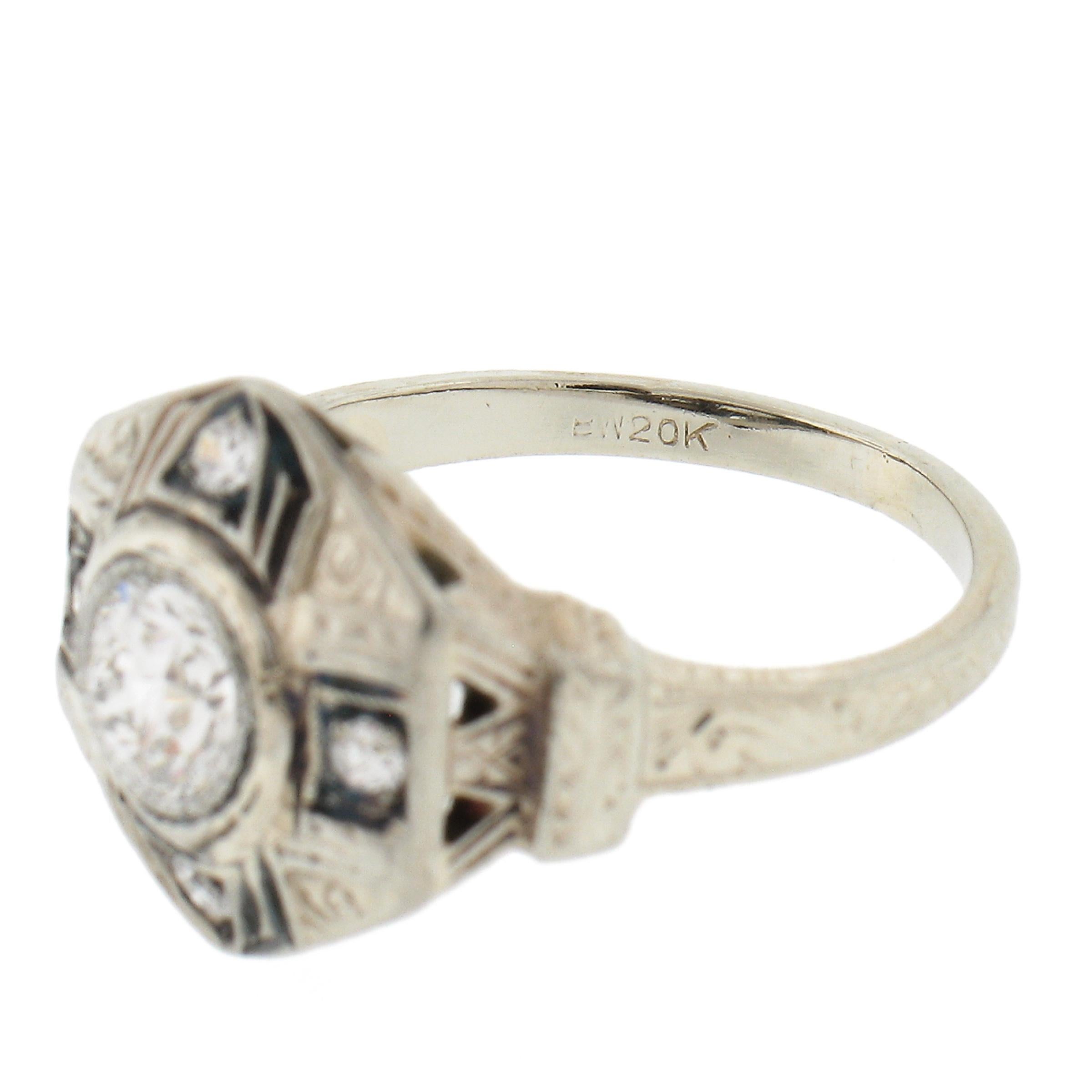 Antique Art Deco 20K White Gold 0.48ctw Old Cut Diamond Milgrain Engraved Ring For Sale 5
