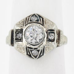 Antique Art Deco 20K White Gold 0.48ctw Old Cut Diamond Milgrain Engraved Ring