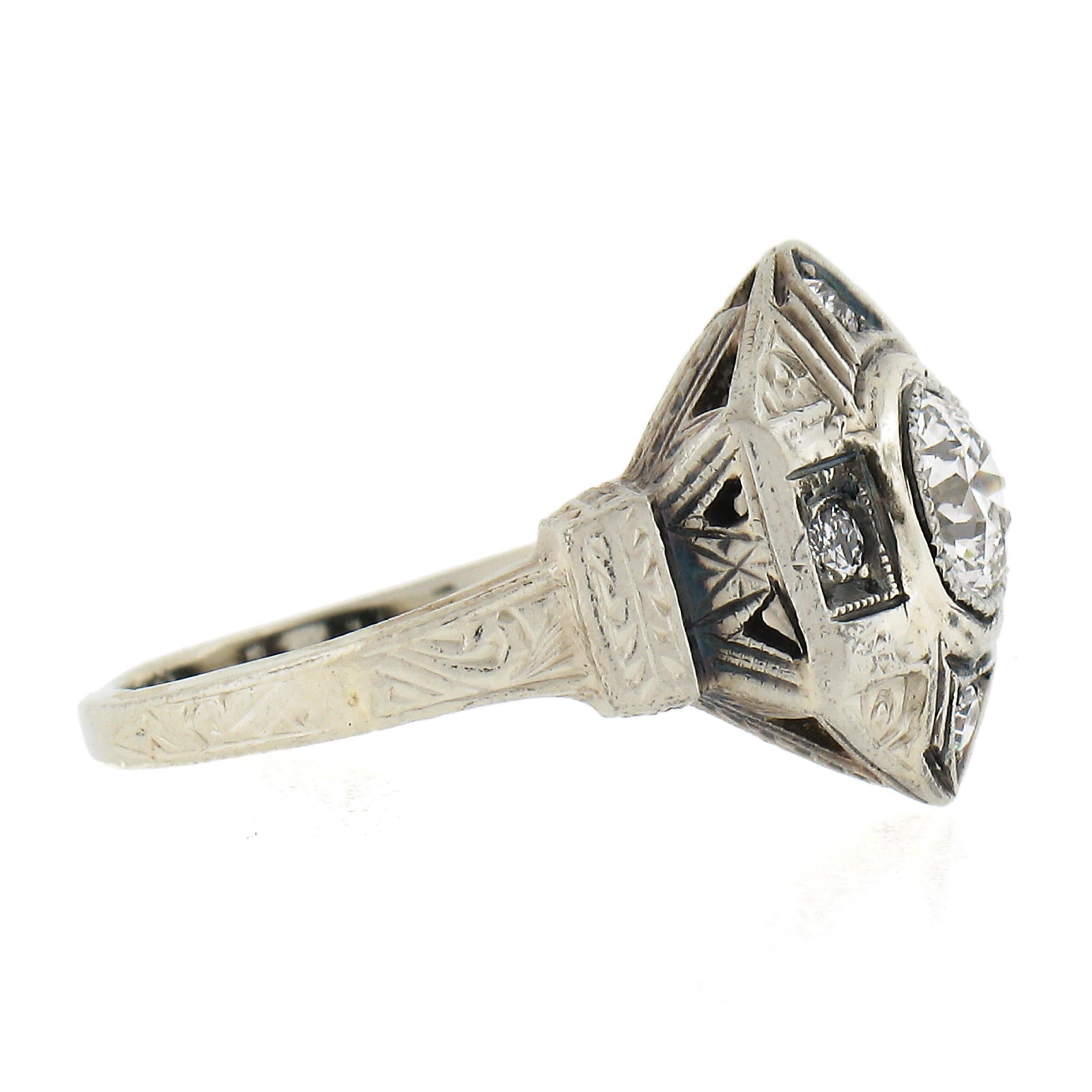 Women's Antique Art Deco 20K White Gold 0.48ctw Old Cut Diamond Milgrain Engraved Ring For Sale