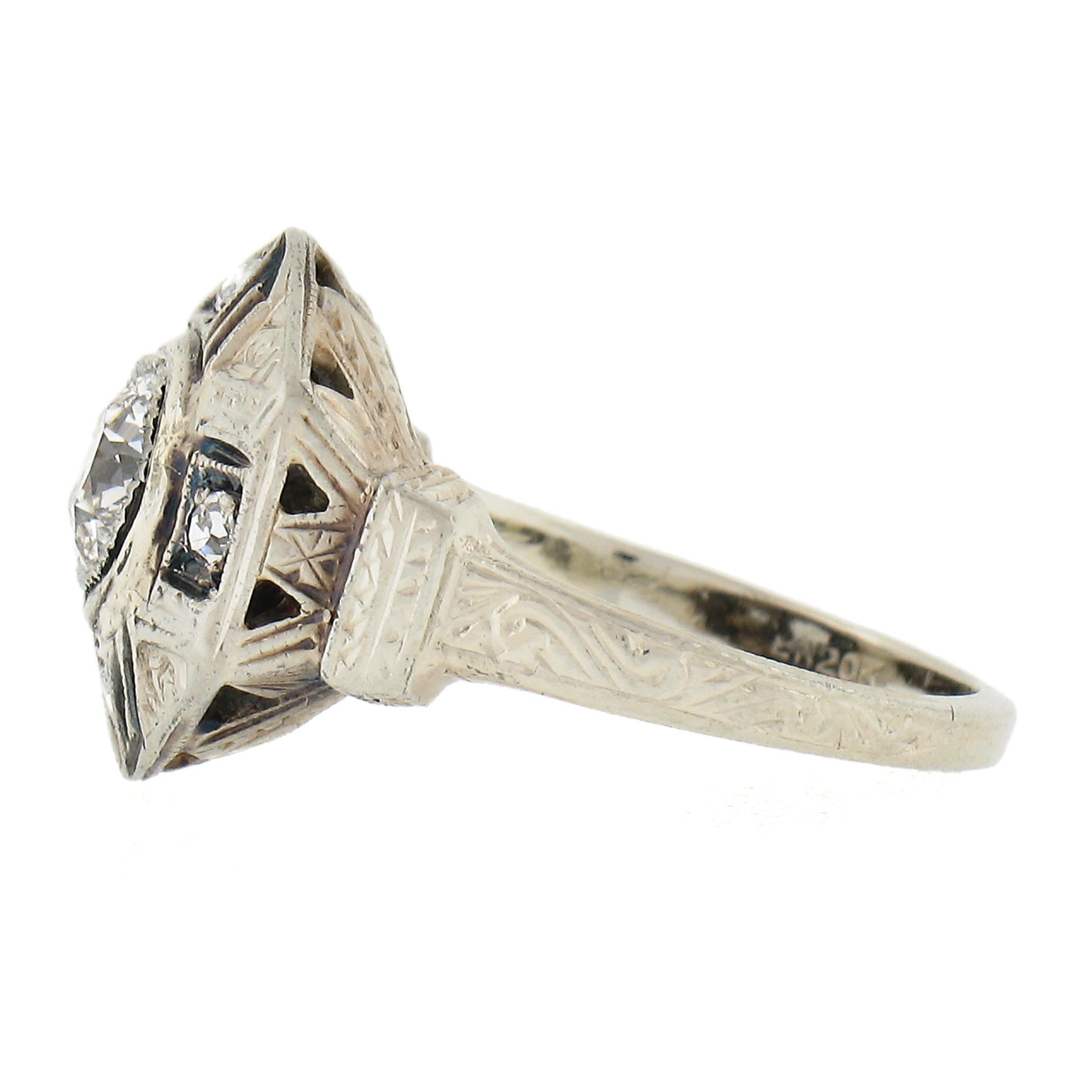 Antique Art Deco 20K White Gold 0.48ctw Old Cut Diamond Milgrain Engraved Ring For Sale 1