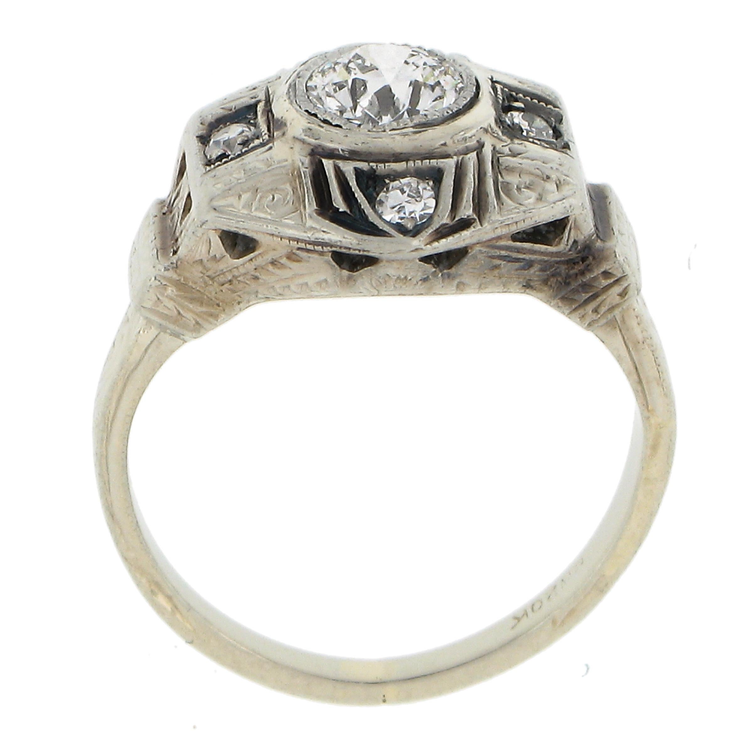 Antique Art Deco 20K White Gold 0.48ctw Old Cut Diamond Milgrain Engraved Ring For Sale 3