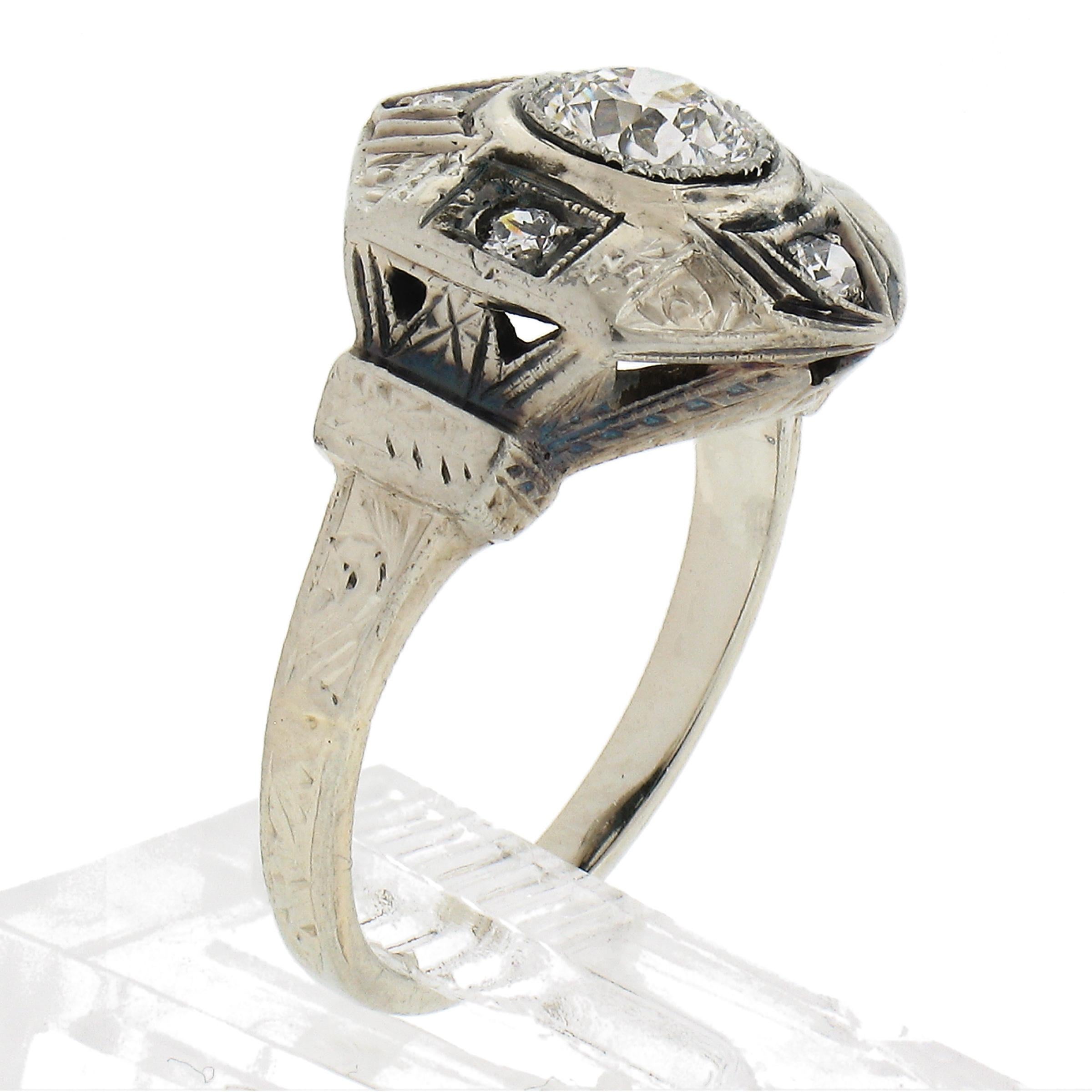 Antique Art Deco 20K White Gold 0.48ctw Old Cut Diamond Milgrain Engraved Ring For Sale 4