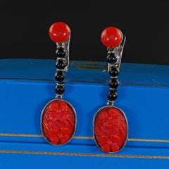 Antique Art Deco 20K White Gold Carved Coral and Onyx Drop Earrings