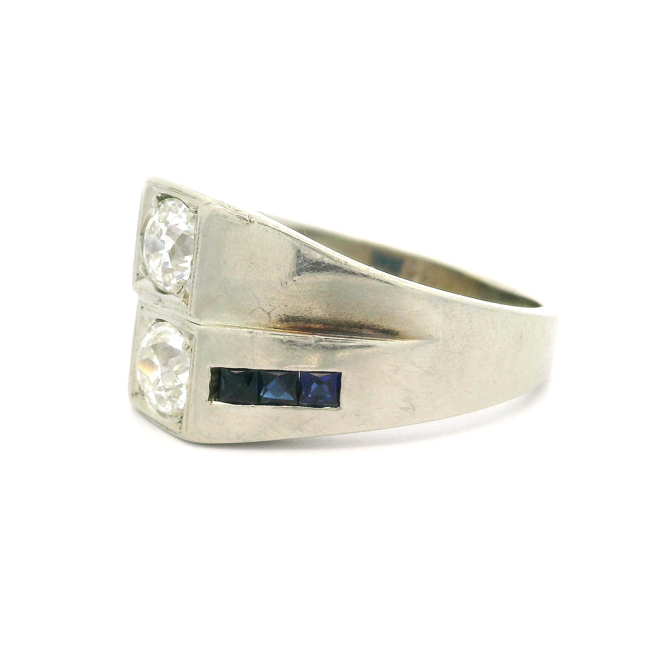 Antique Art Deco 20k White Gold Sapphire & Dual Old Cut Diamond Wide Band Ring For Sale 5