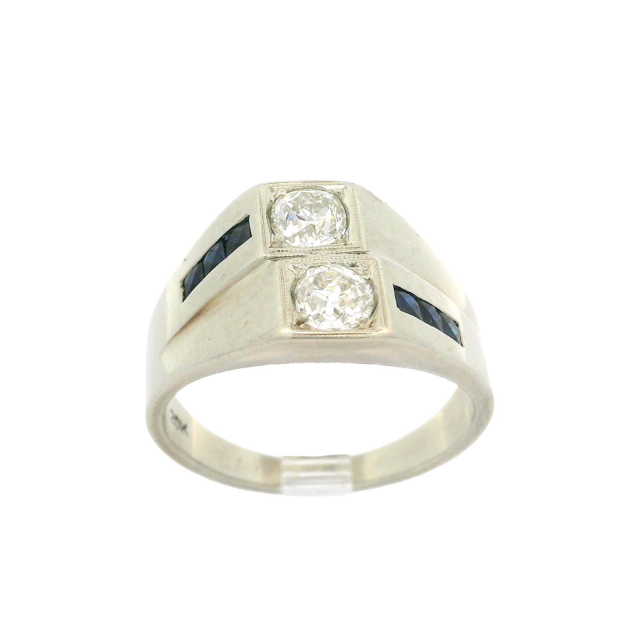 Antique Art Deco 20k White Gold Sapphire & Dual Old Cut Diamond Wide Band Ring For Sale 6
