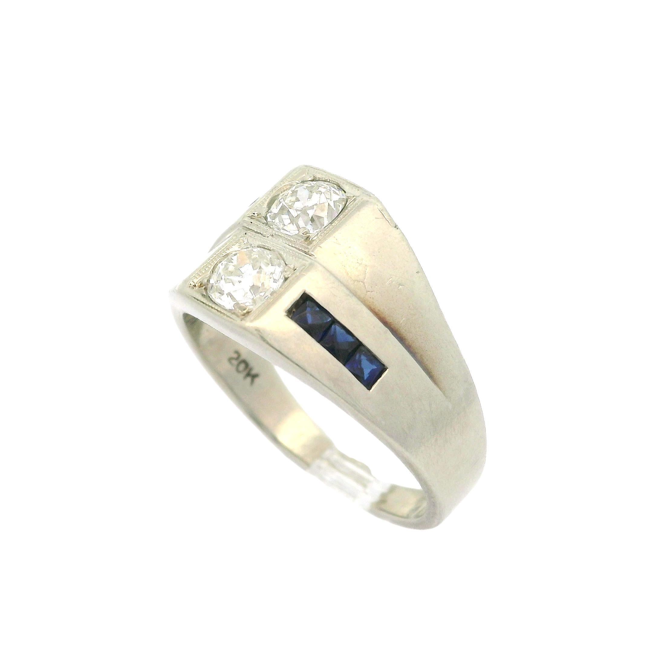 –Stone(s)–
(2) Natural Genuine Diamonds - Round European Cut - Pave Set - I/J Color  - VS2/SI1 Clarity - 0.80ctw (approx.)
(6) Natural Genuine Sapphires - French Cut - Channel Set - Blue Color - 2.2x1.7mm each (approx.)

Material: Solid 20k White