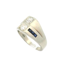 Antique Art Deco 20k White Gold Sapphire & Dual Old Cut Diamond Wide Band Ring