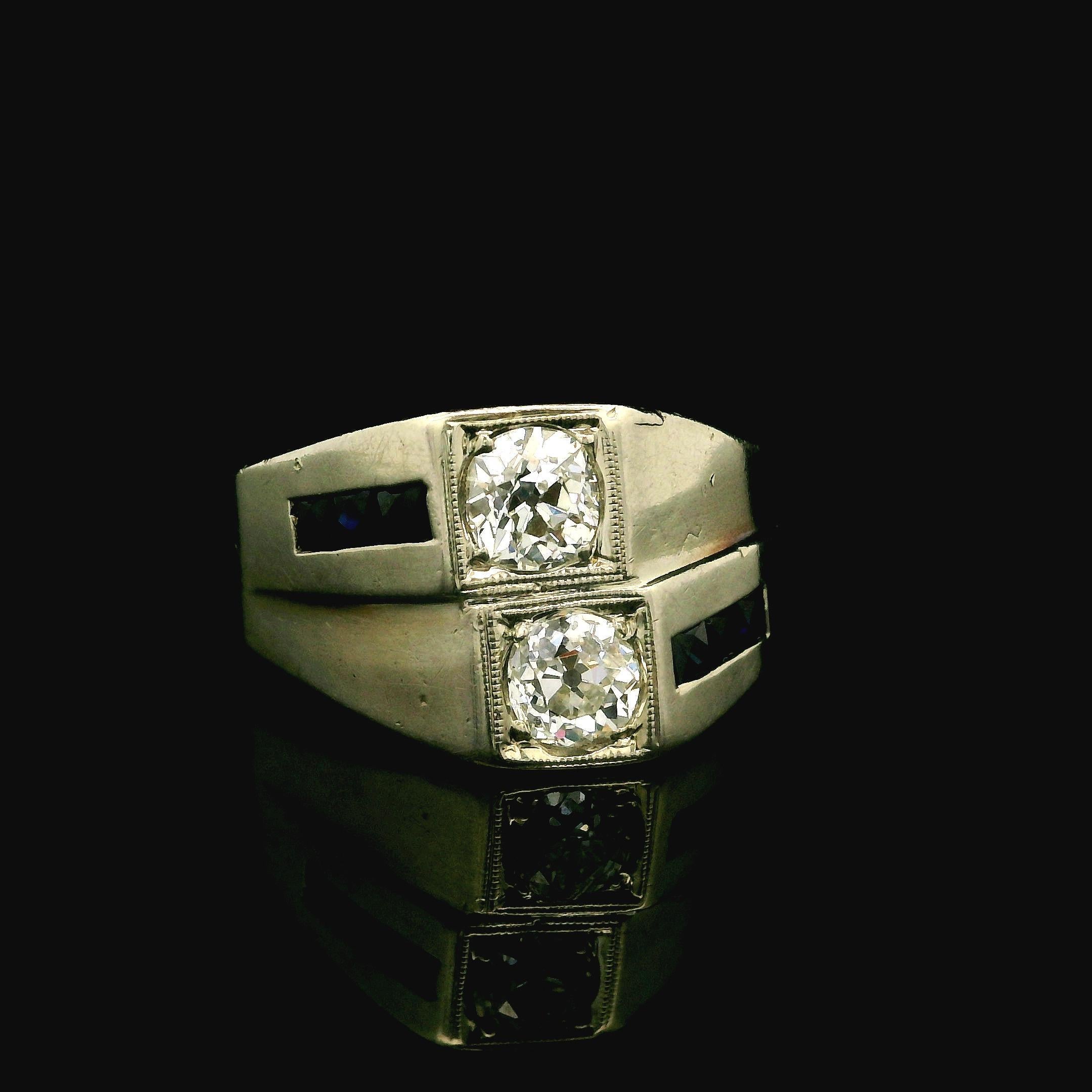 Women's Antique Art Deco 20k White Gold Sapphire & Dual Old Cut Diamond Wide Band Ring For Sale