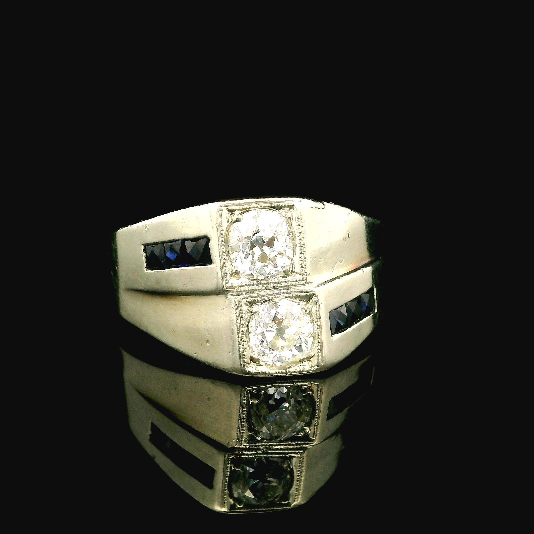 Antique Art Deco 20k White Gold Sapphire & Dual Old Cut Diamond Wide Band Ring For Sale 1