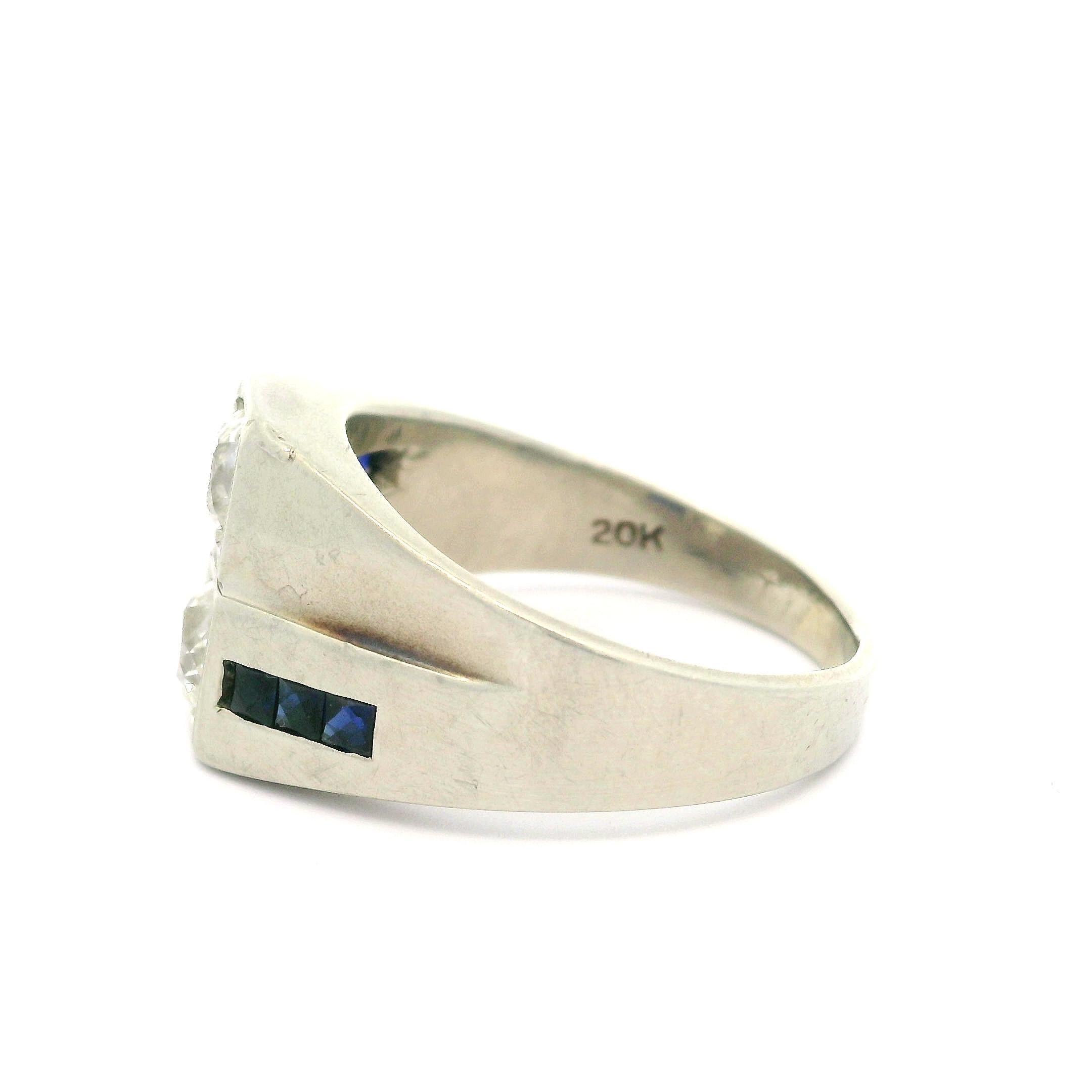 Antique Art Deco 20k White Gold Sapphire & Dual Old Cut Diamond Wide Band Ring For Sale 2