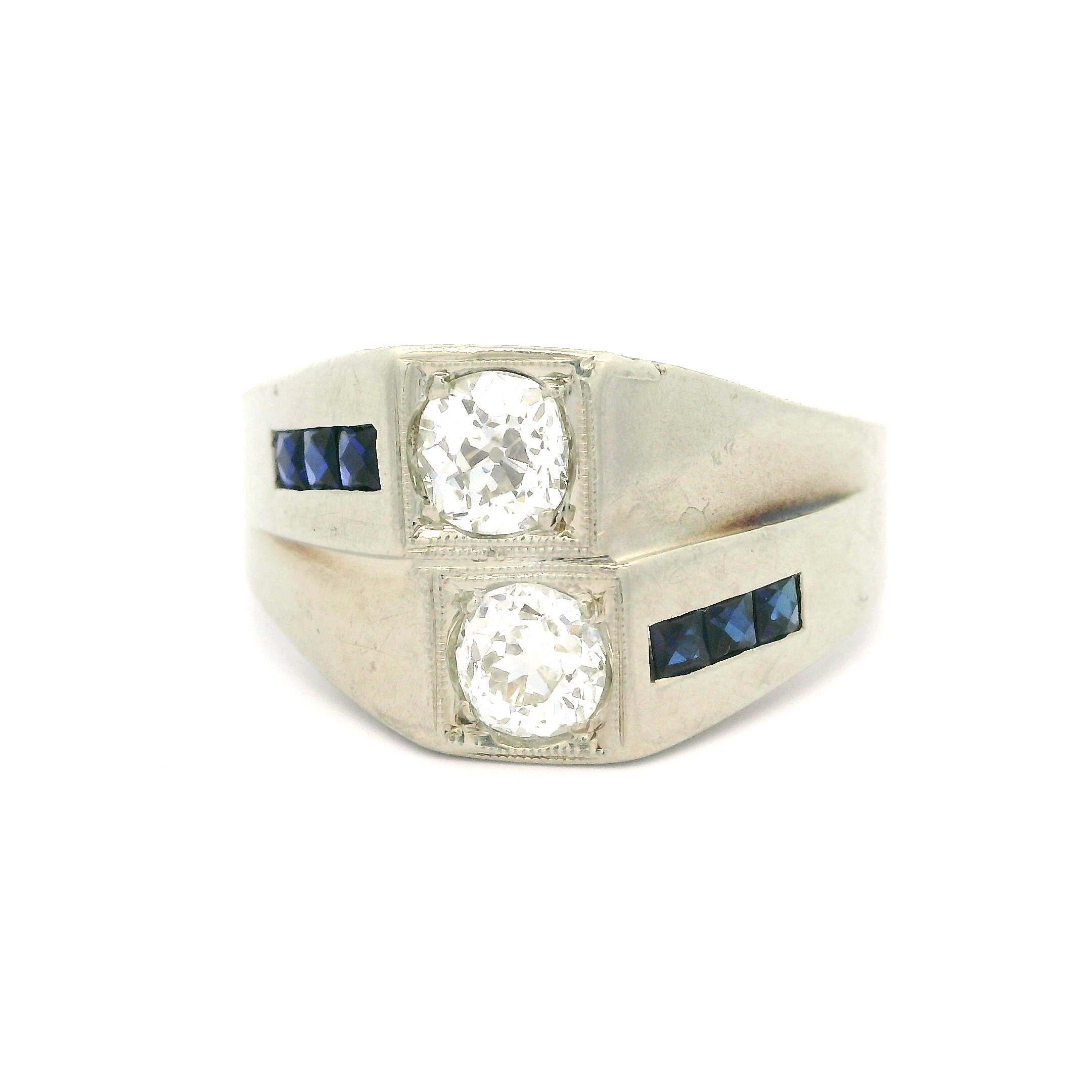 Antique Art Deco 20k White Gold Sapphire & Dual Old Cut Diamond Wide Band Ring For Sale 3