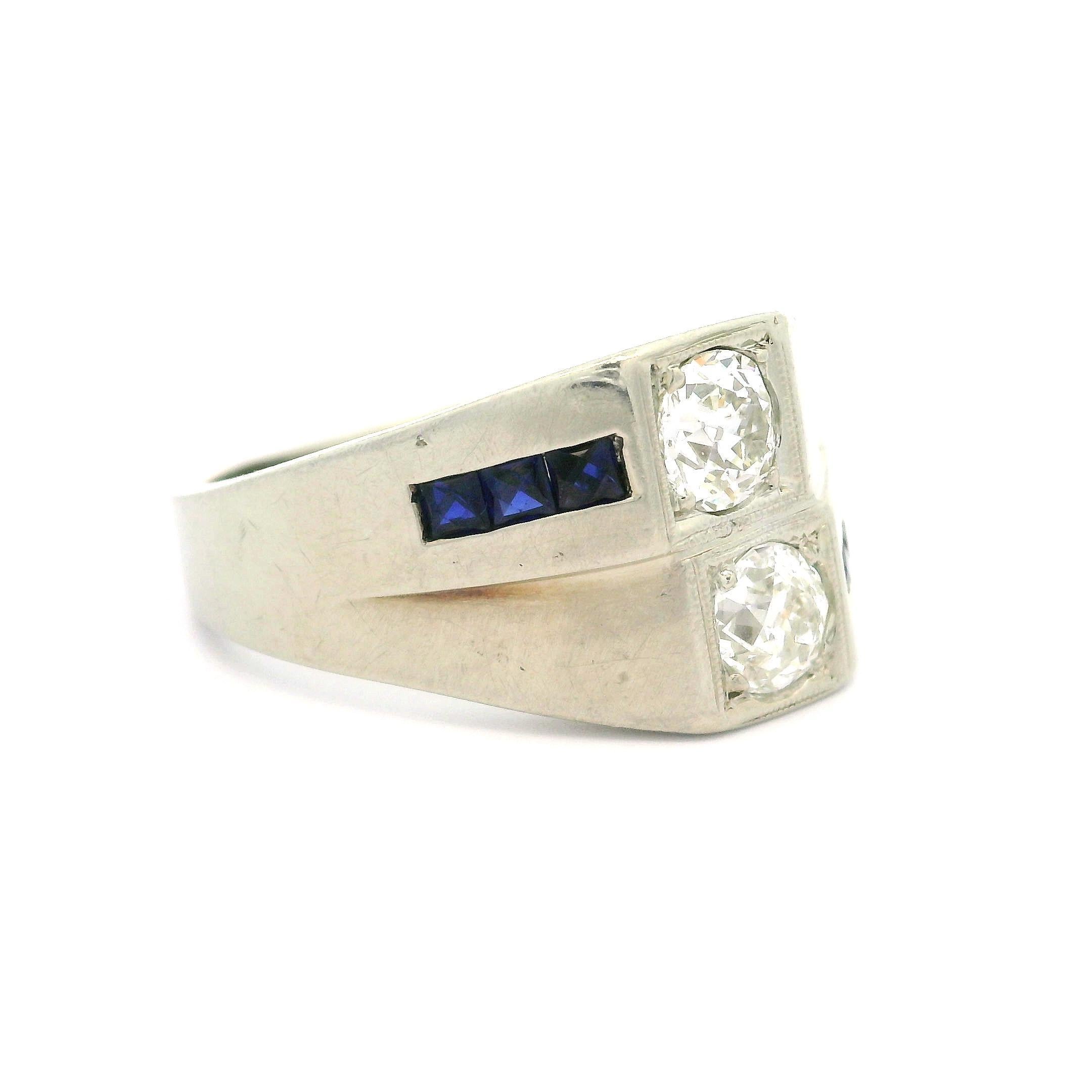 Antique Art Deco 20k White Gold Sapphire & Dual Old Cut Diamond Wide Band Ring For Sale 4