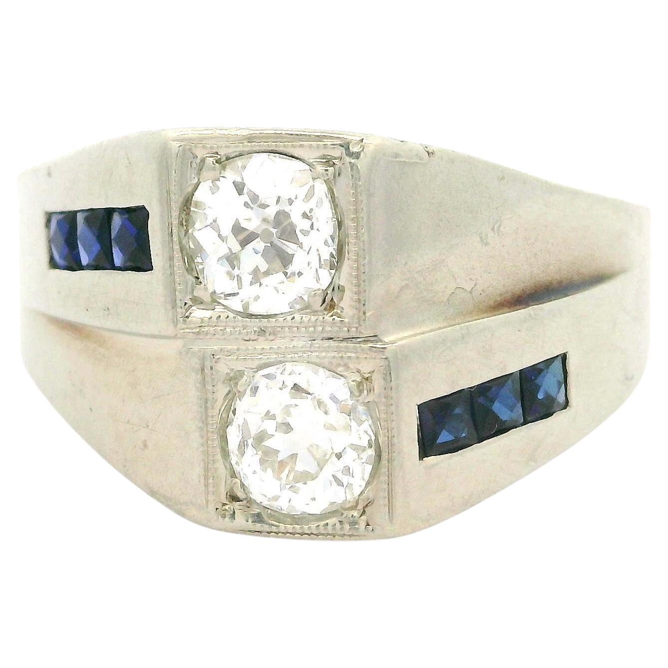 Antique Art Deco 20k White Gold Sapphire & Dual Old Cut Diamond Wide Band Ring For Sale