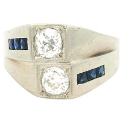 Bague à large bande en or blanc 20k saphir et diamant Dual Old Cut Antique Art Deco