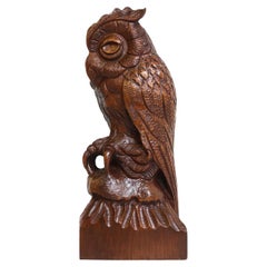 Antique Art Deco 20th Century Hand Carved Oak Owl, Desk Accessories Woodcarving