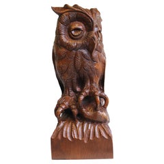 Antique Art Deco 20th Century Hand Carved Oak Owl, Desk Accessories Woodcarving