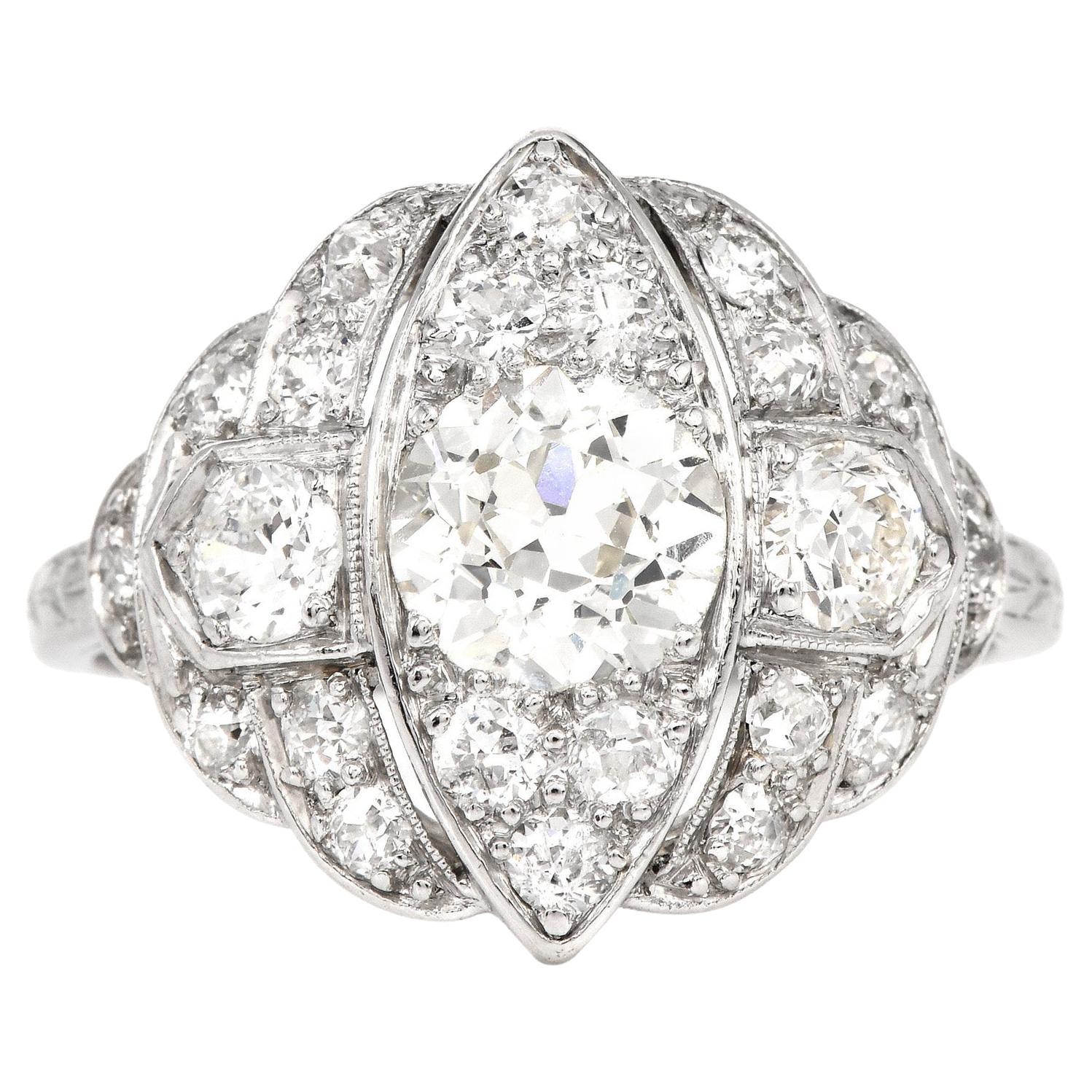 Antique Art Deco 2.10cts Old Diamond Platinum Navette Engagement Ring In Excellent Condition In Miami, FL