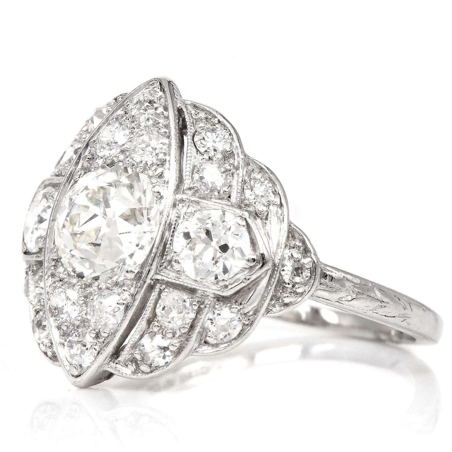 Women's Antique Art Deco 2.10cts Old Diamond Platinum Navette Engagement Ring