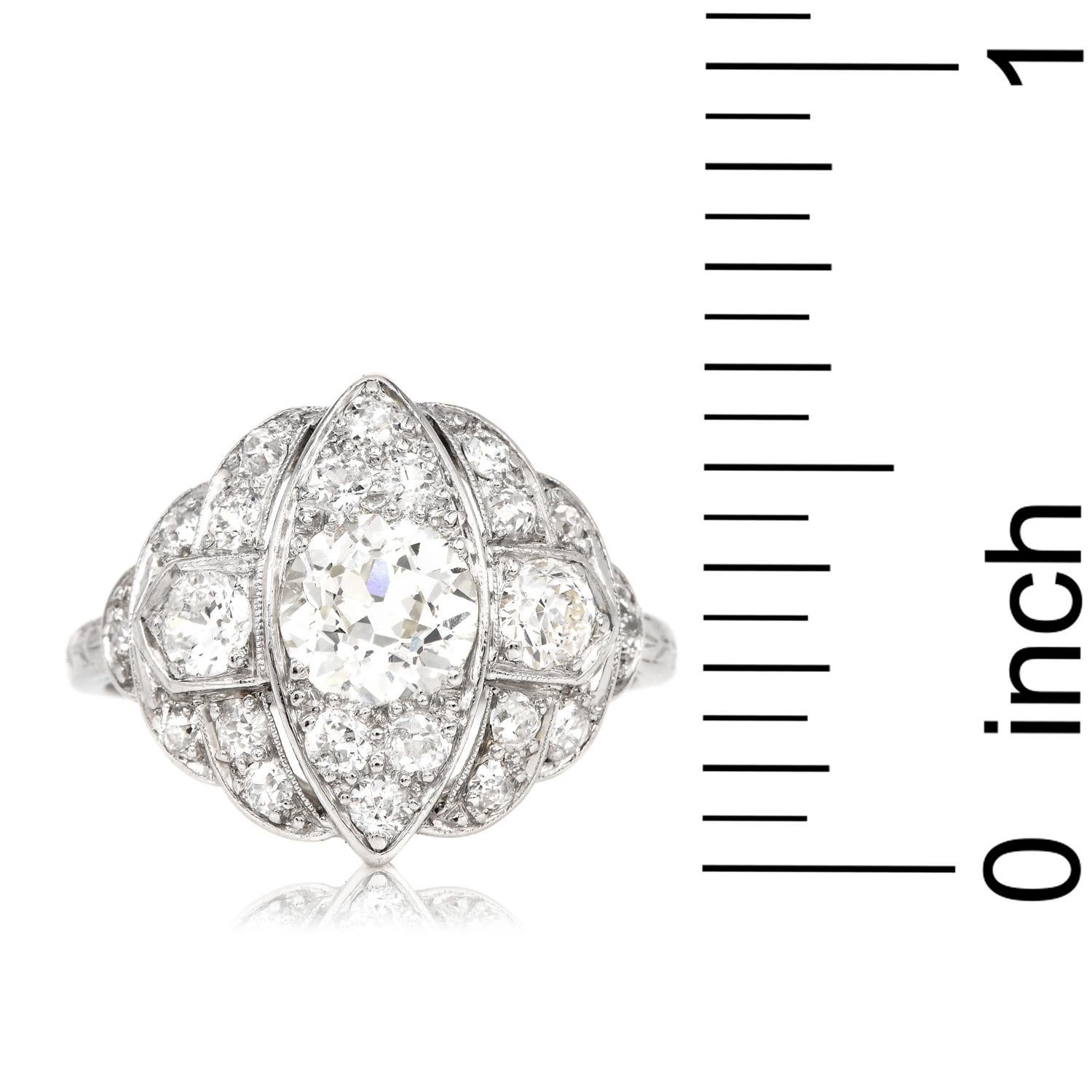 Antique Art Deco 2.10cts Old Diamond Platinum Navette Engagement Ring 2