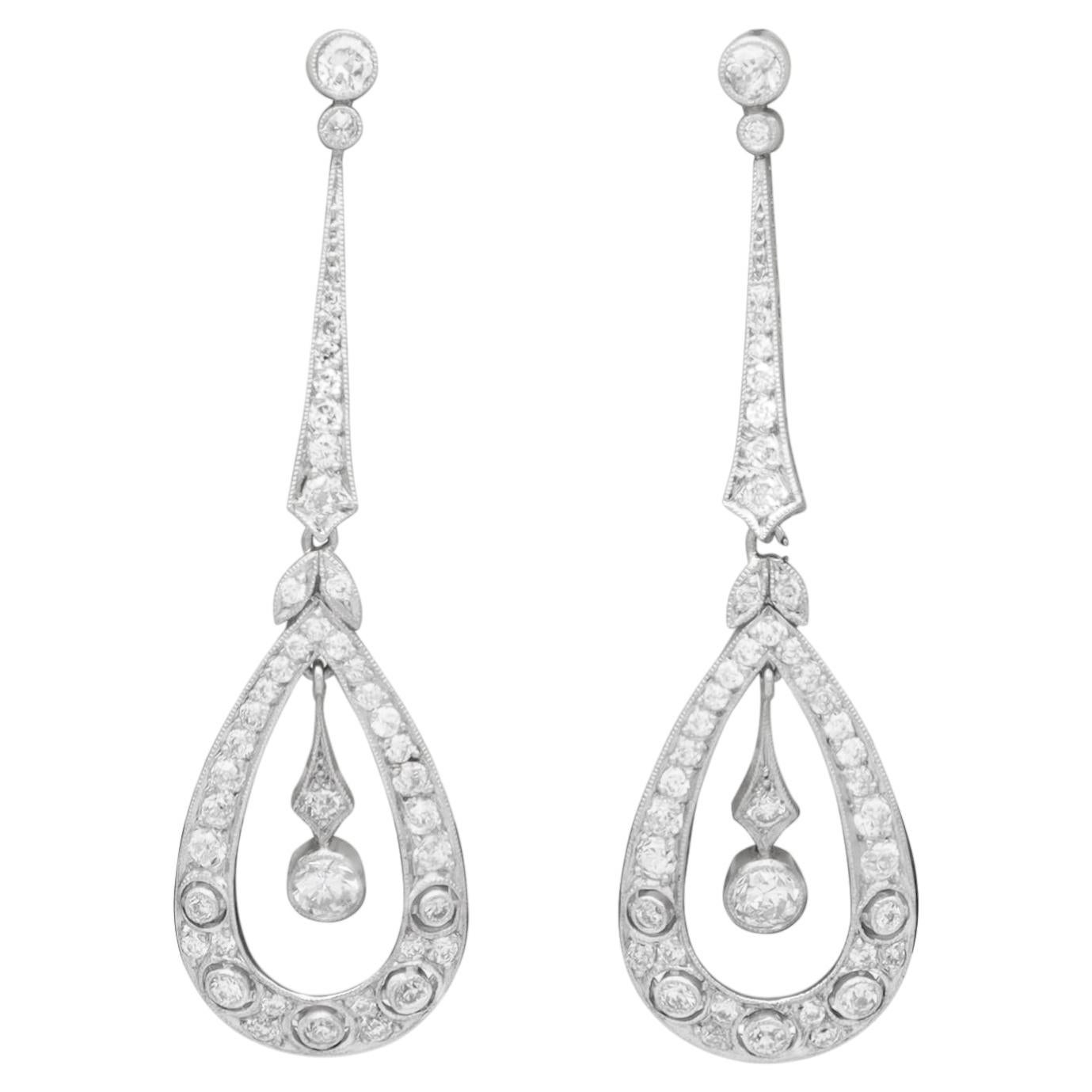 Antique Art Deco 2.25 Carat Diamond and Platinum Drop Earrings Circa 1930