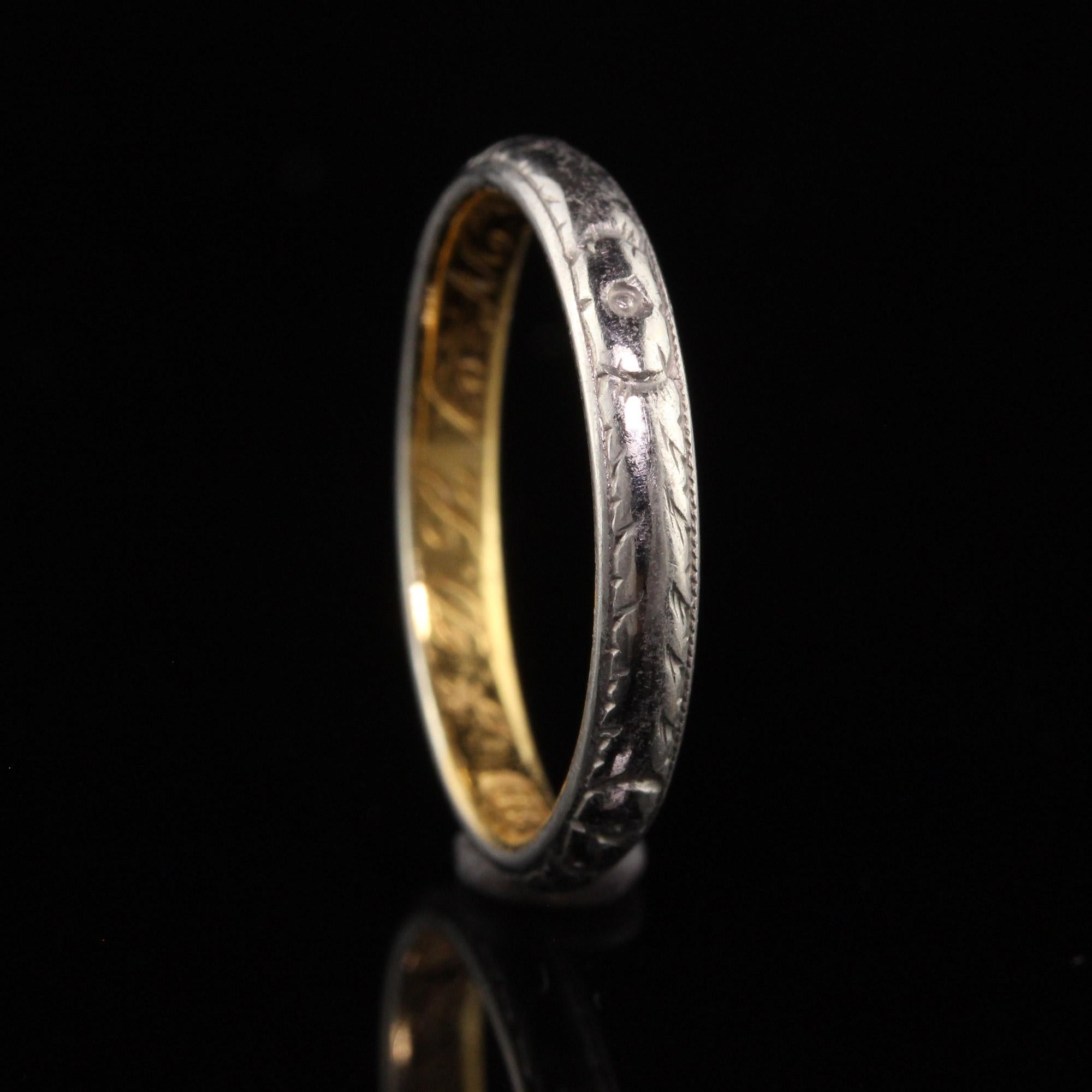 Antique Art Deco 22K Yellow Gold Platinum Engraved Wedding Band For Sale 1