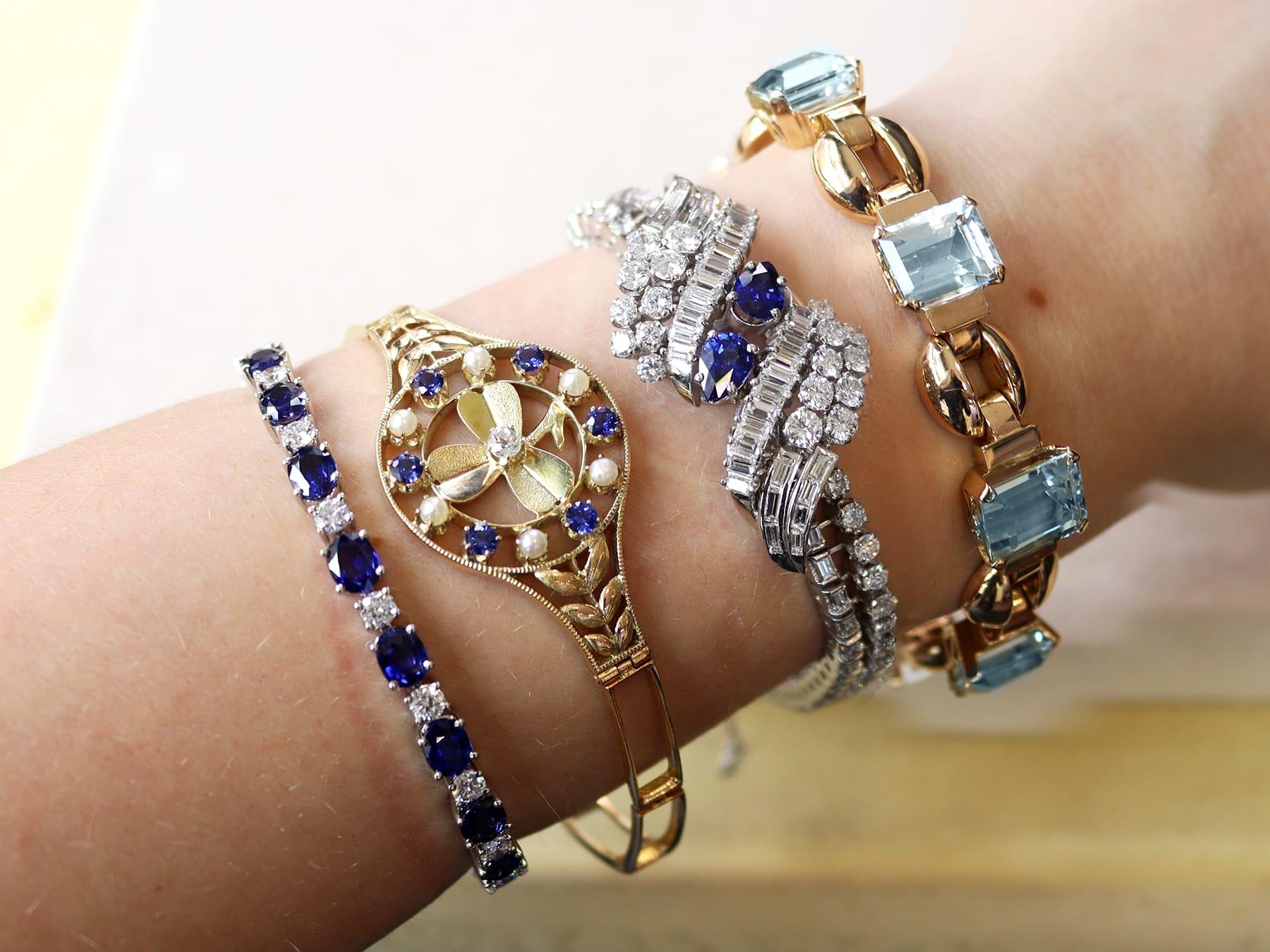 Emerald Cut Antique Art Deco 23.22 Carat Aquamarine and 15k Rose Gold Bracelet Circa 1930 For Sale
