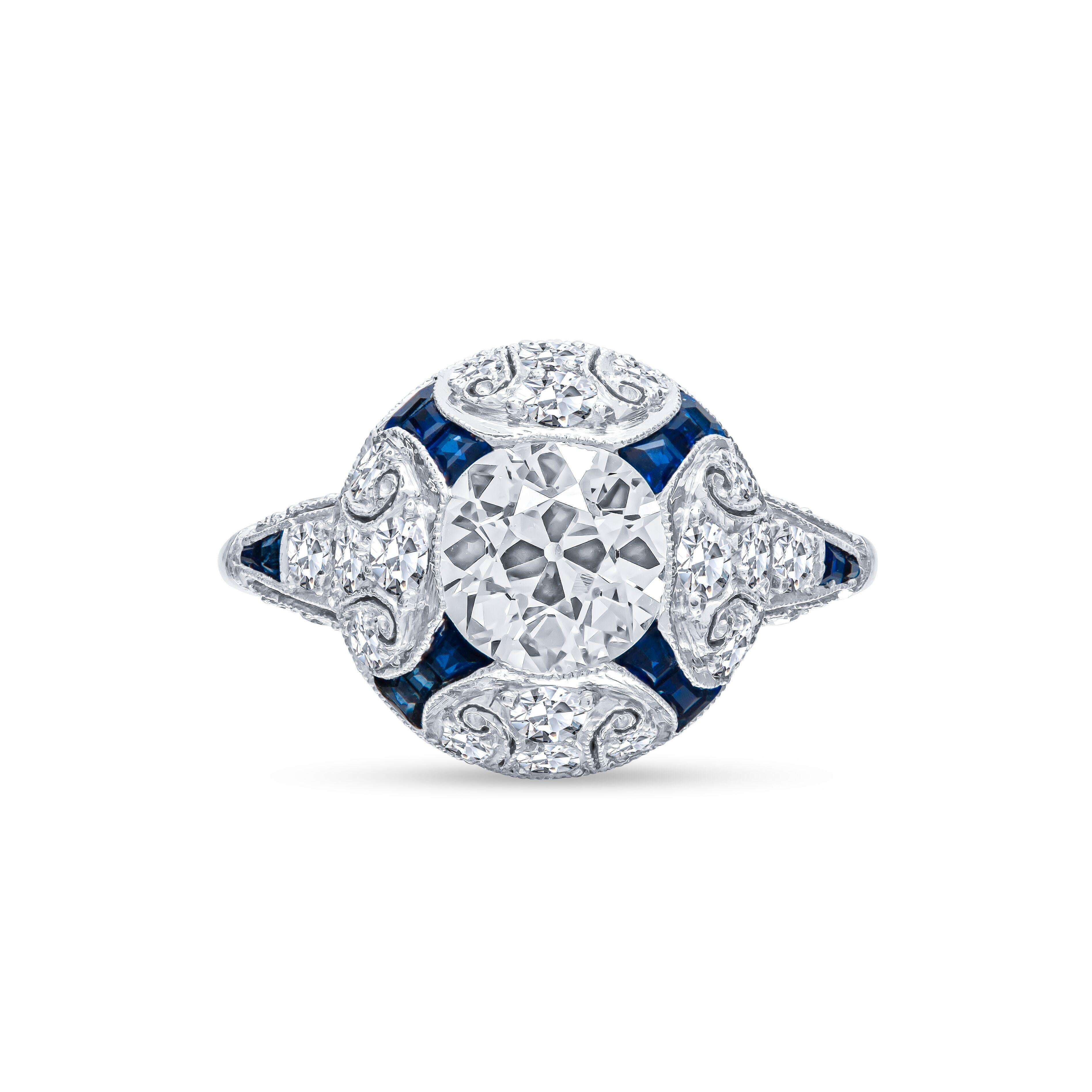 Art Deco Style 2.47CTW Old European Diamond & Sapphire Platinum Engagement Ring 

There Are Sixteen French Cut Natural Sapphires, Weighing Approximately 0.25 Carat Total Weight. 
Color: Vivid Blue 

One Round Natural Old European Cut Diamond,