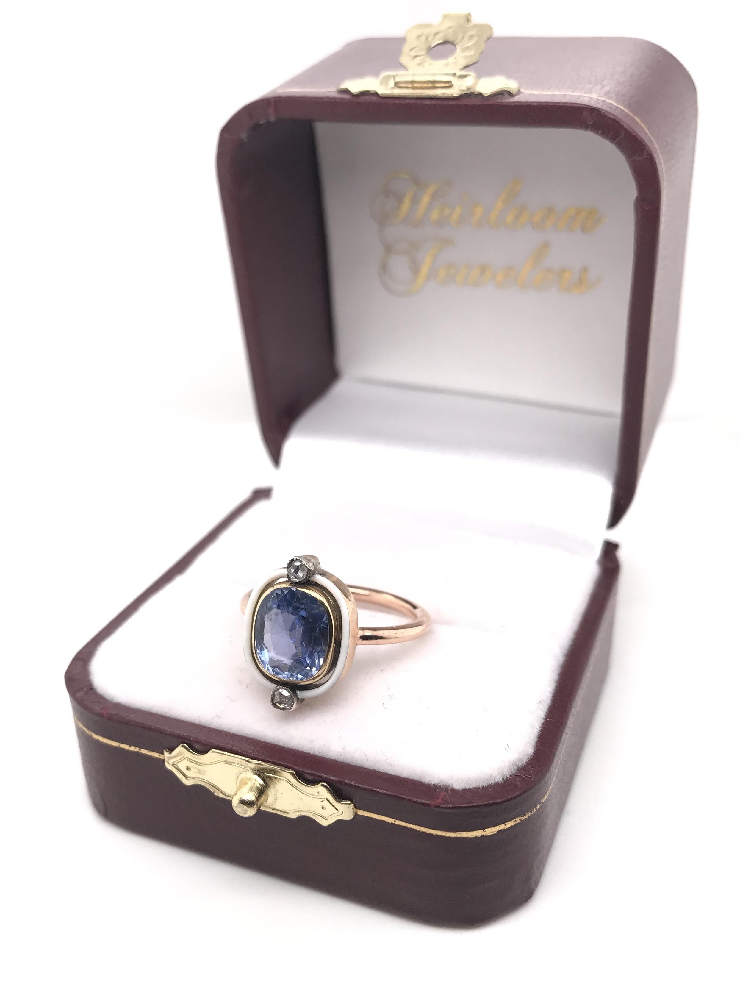 Antique Art Deco 2.50 Carat Ceylon Sapphire Enamel and Diamond Ring 5