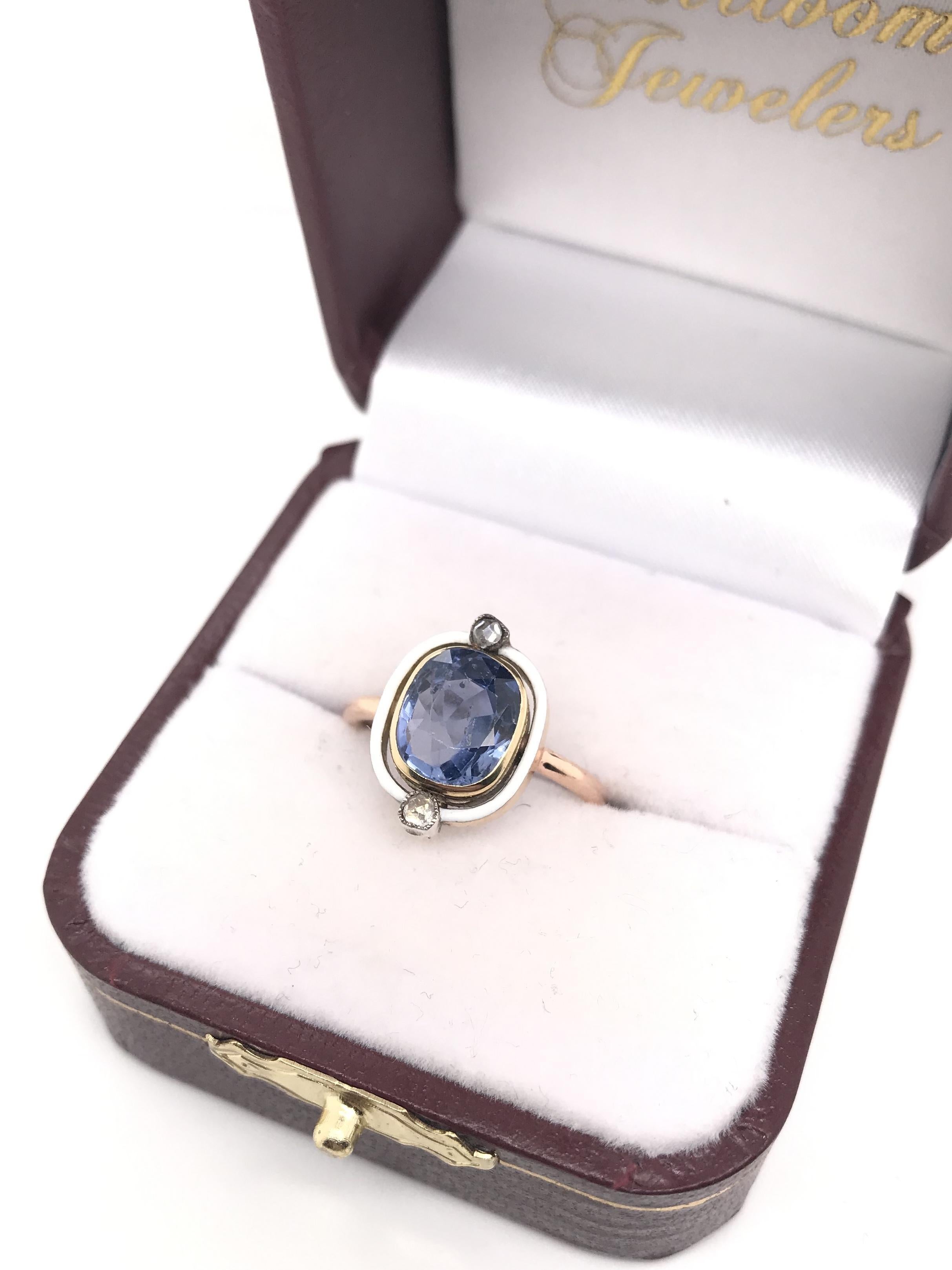 Antique Art Deco 2.50 Carat Ceylon Sapphire Enamel and Diamond Ring 2
