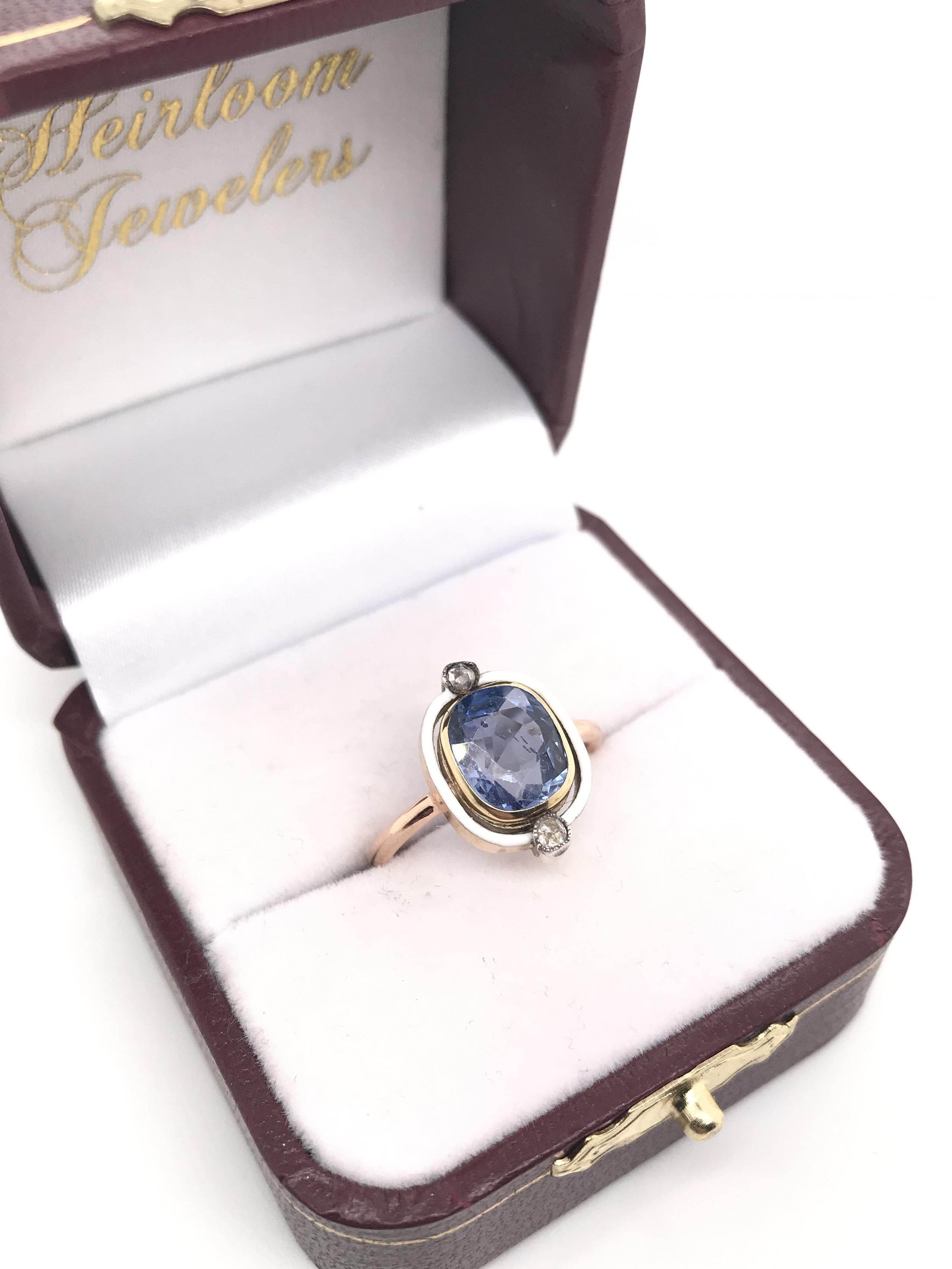 Antique Art Deco 2.50 Carat Ceylon Sapphire Enamel and Diamond Ring 3