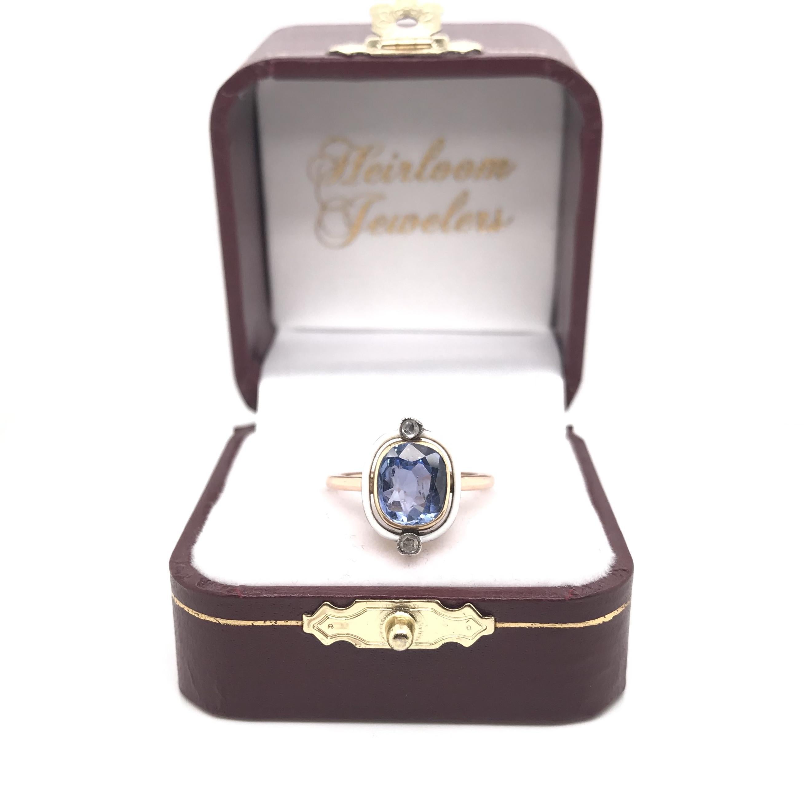 Antique Art Deco 2.50 Carat Ceylon Sapphire Enamel and Diamond Ring 4