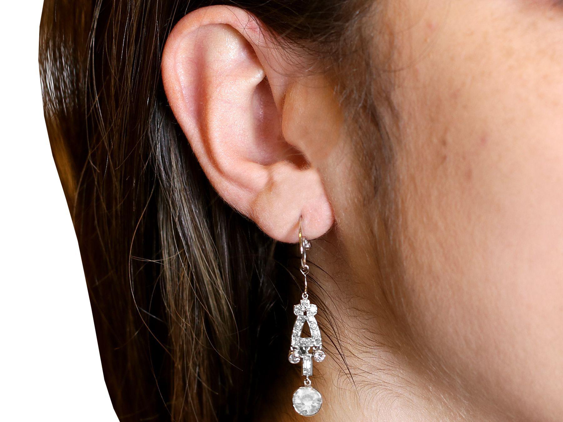 Antique Art Deco 3 Carat Diamond and Platinum Drop Earrings For Sale 2