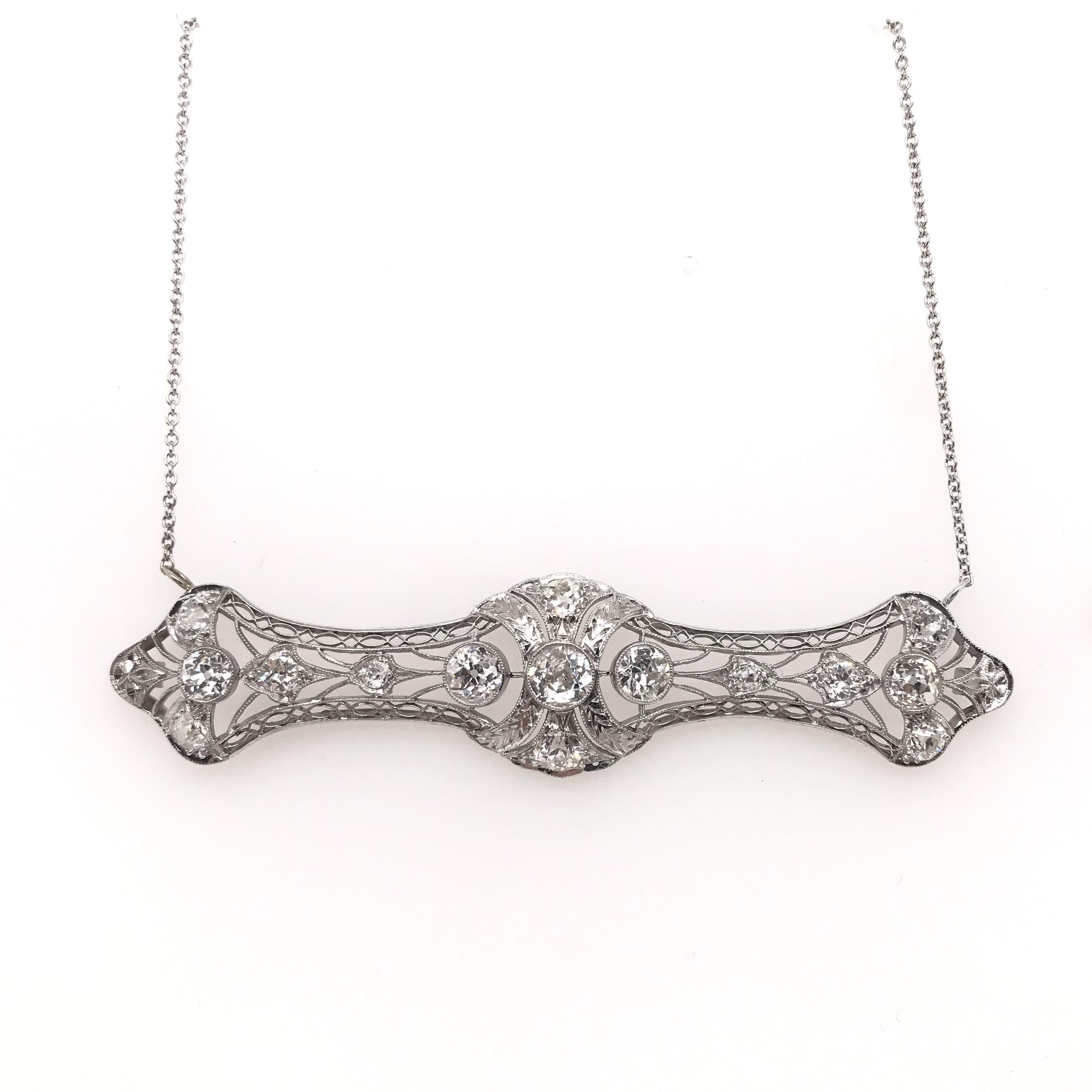Women's Antique Art Deco 3 Carat DTW Diamond and Filigree Necklace For Sale
