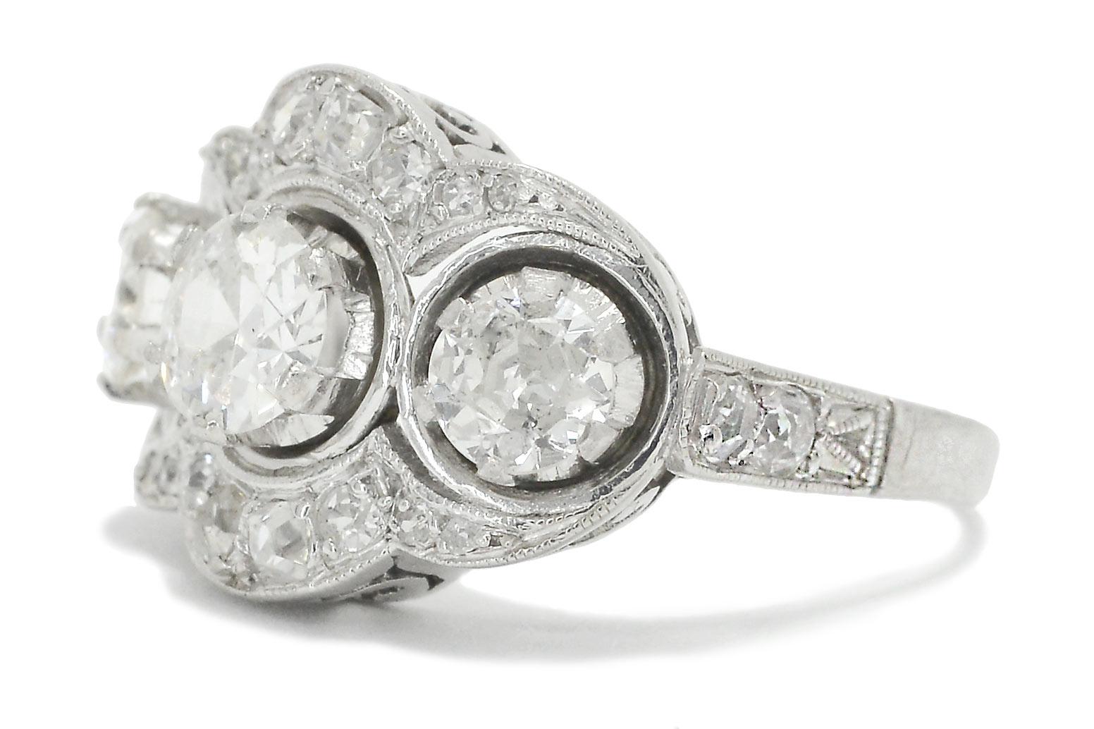 Old European Cut Antique Art Deco 3 Stone Diamond Platinum Engagement Ring